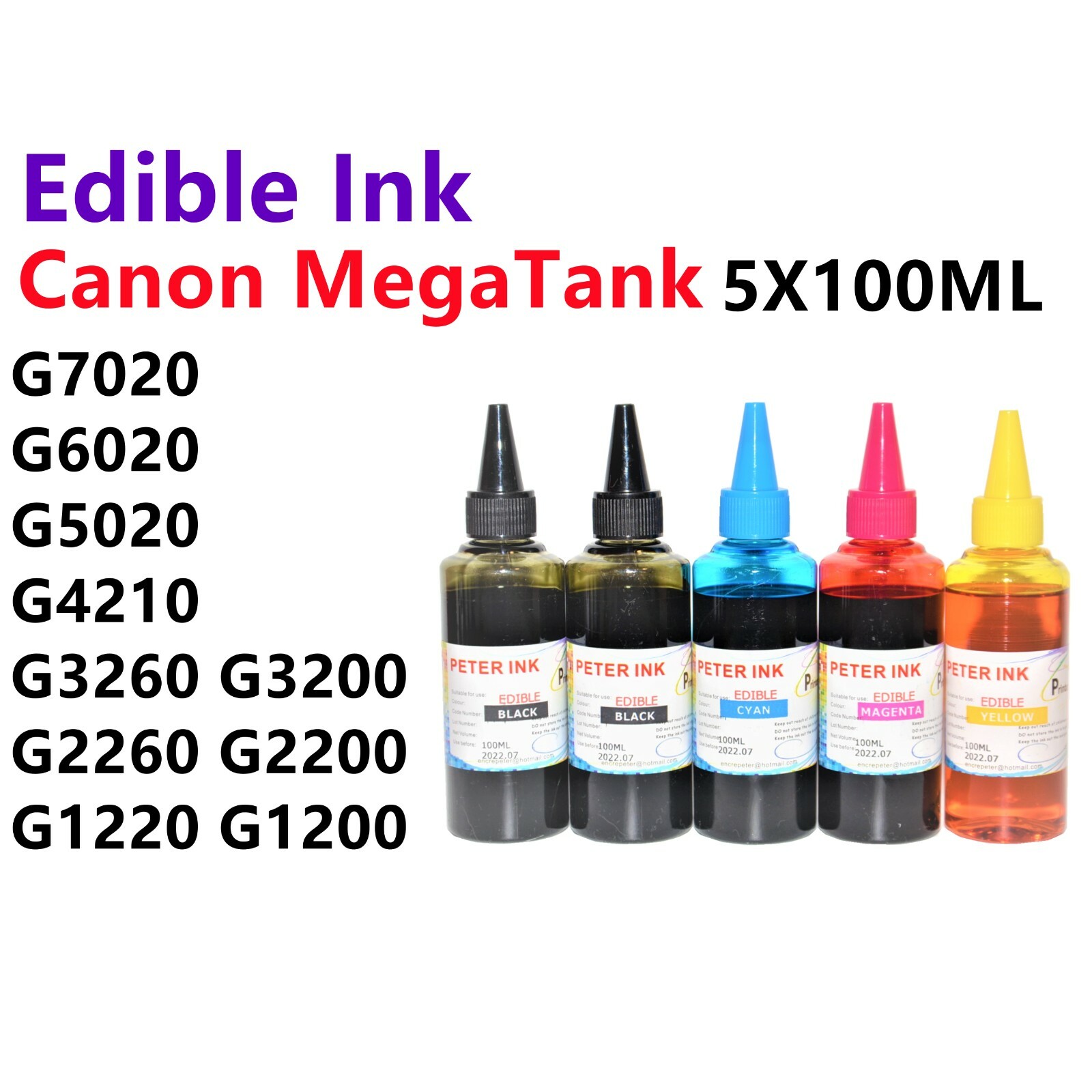 5X100ML(2XBK) Edible refill Ink alternative for Canon PIXMA MegaTank Printer