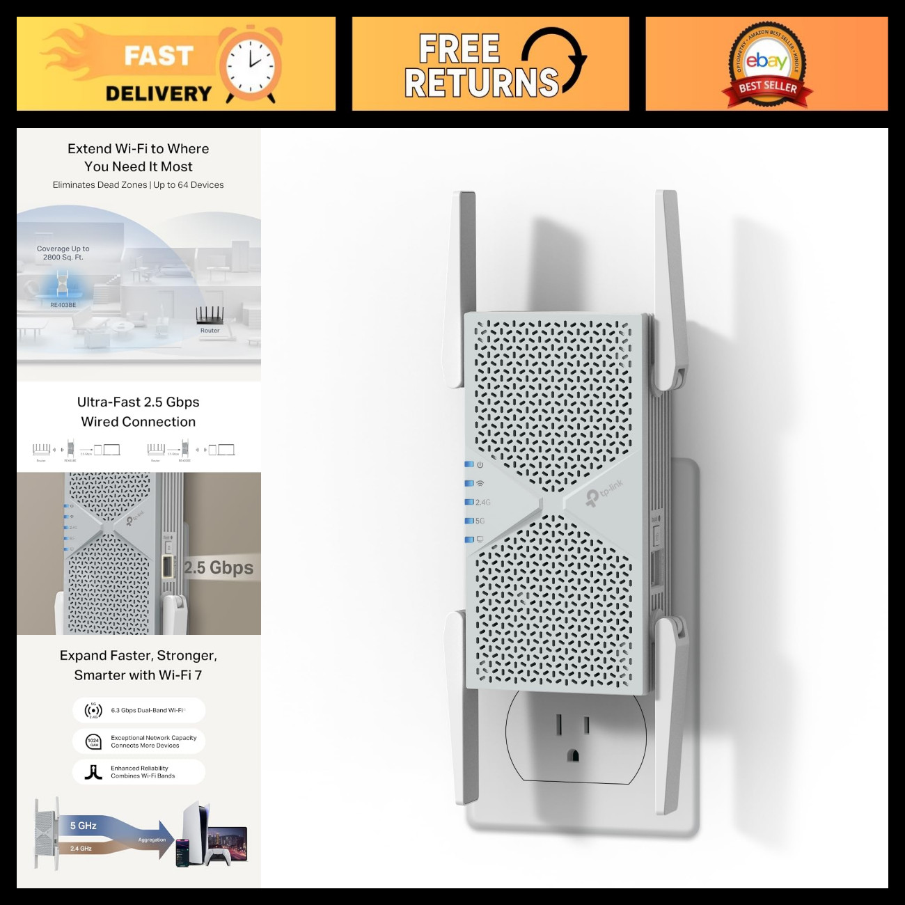 Wi-Fi 7 Dual-Band Range Extender, 2.5G Port, High-Speed Internet Booster, RE403B