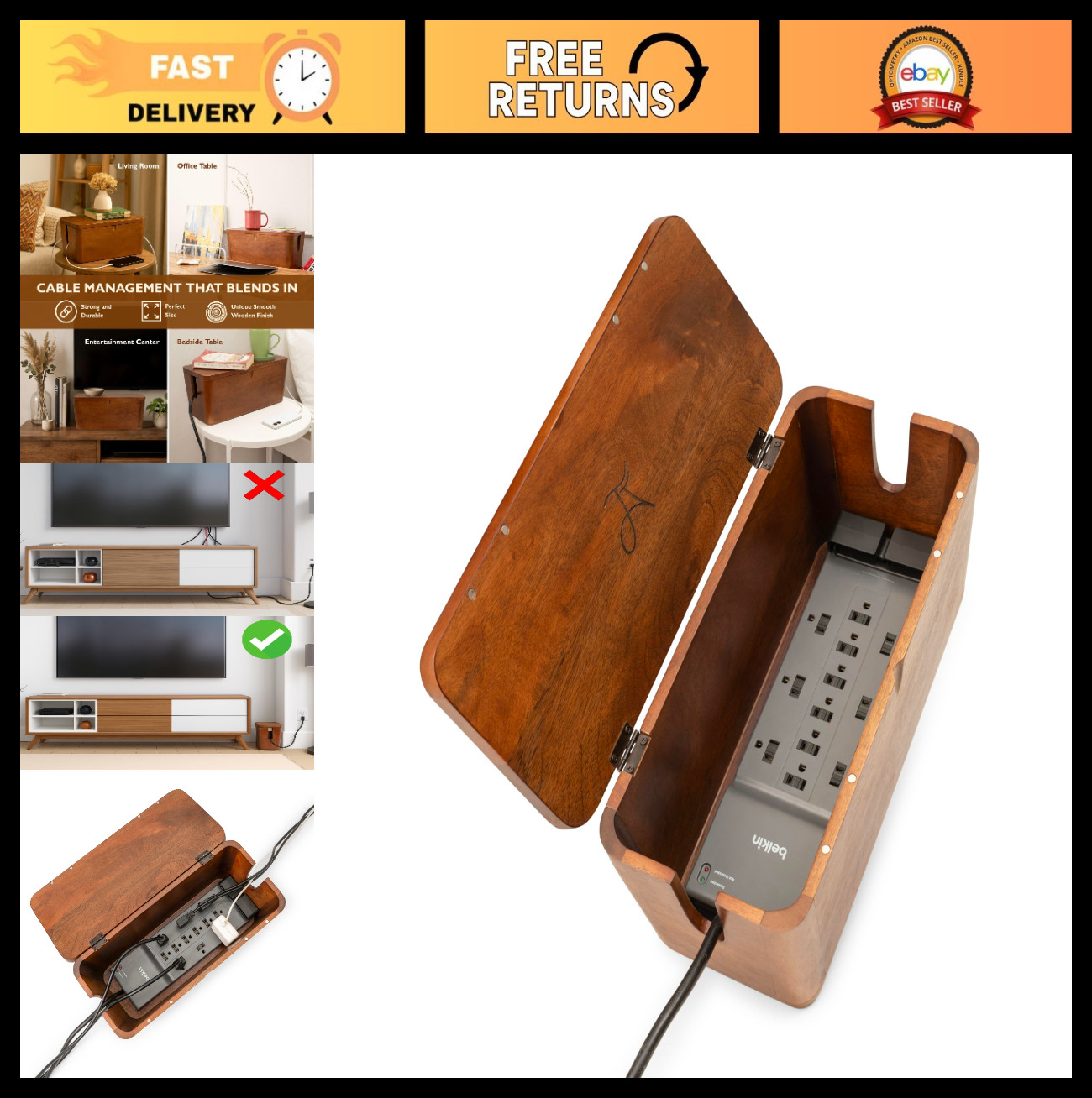 Extra Large Rustic Cable Management Box - Natural Wood Organizer for Cords & Wir