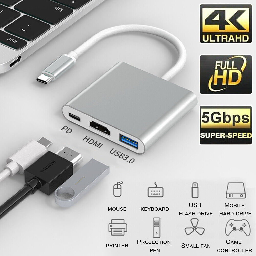 3 in 1 USB C Hub Ethernet Multiport Type C Adapter For MacBook Pro/Air iPad Pro