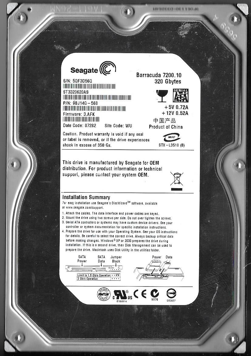 Seagate ST3320620AS 320GB Sata Hard Drive P/N: 9BJ14G-568  F/W: 3.AFK  WU