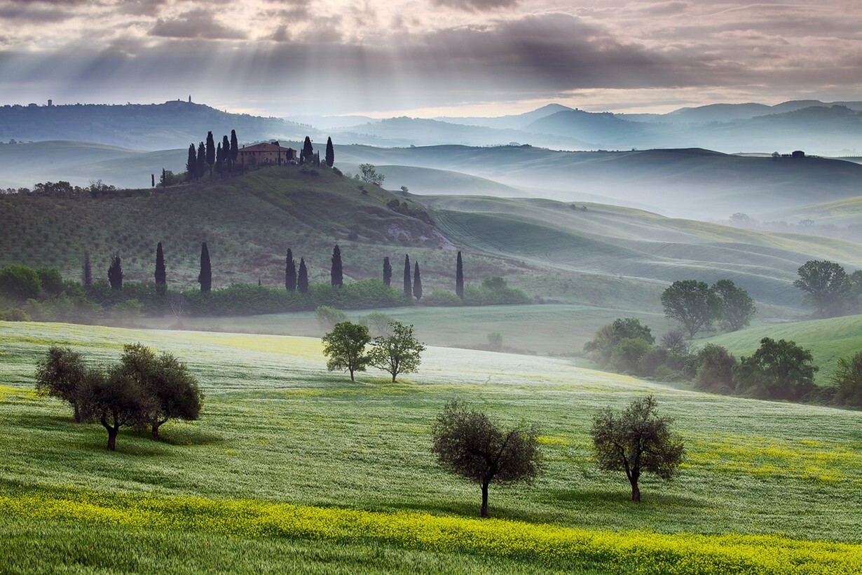 Landscape mist valley nature italy mountains hills trees Custom Gaming Mat Desk