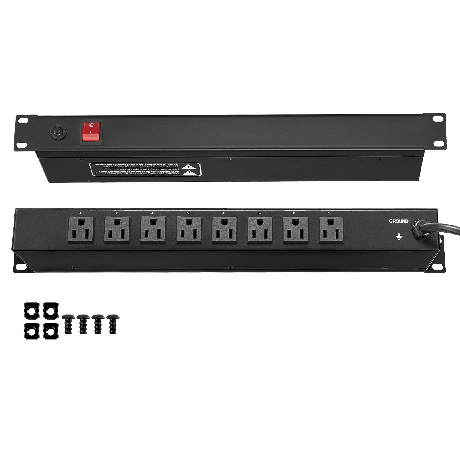 19" 1U PDU 8 Outlets Rack Mount Power Strip Surge Overload Protection