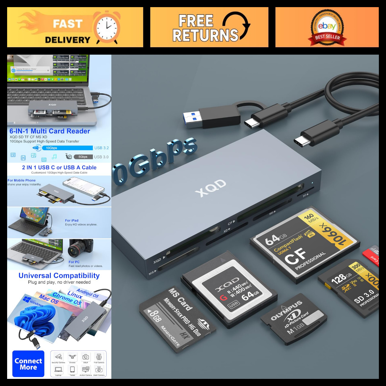 10Gbps 8-in-1 XQD Card Reader, USB C/3.0 for Sony G/M, Lexar, CF/SD/TF/XD Suppor