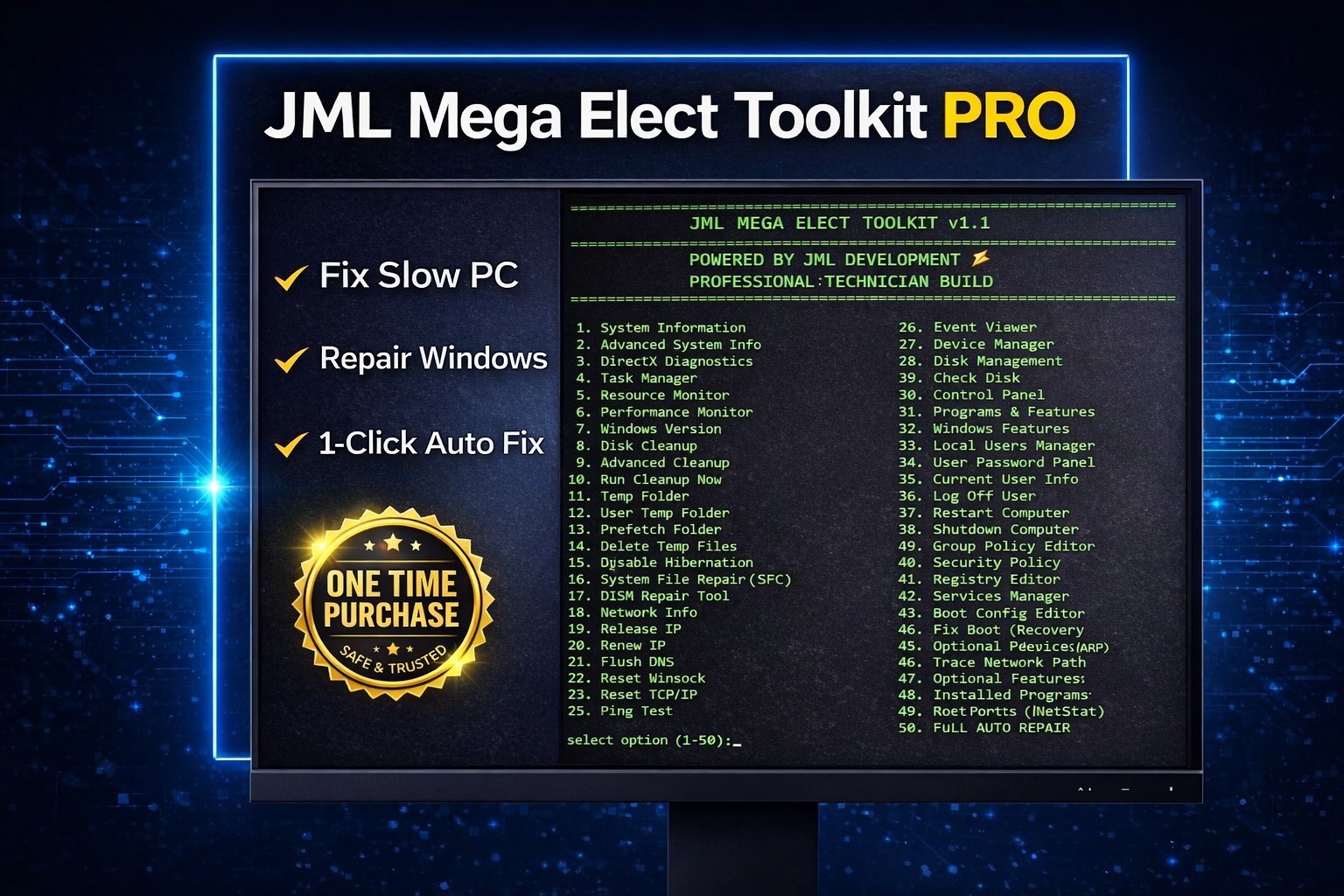 JML Mega Elect PC Repair Toolkit PRO USB | 1-Click Fix 50+ Tools No Sub