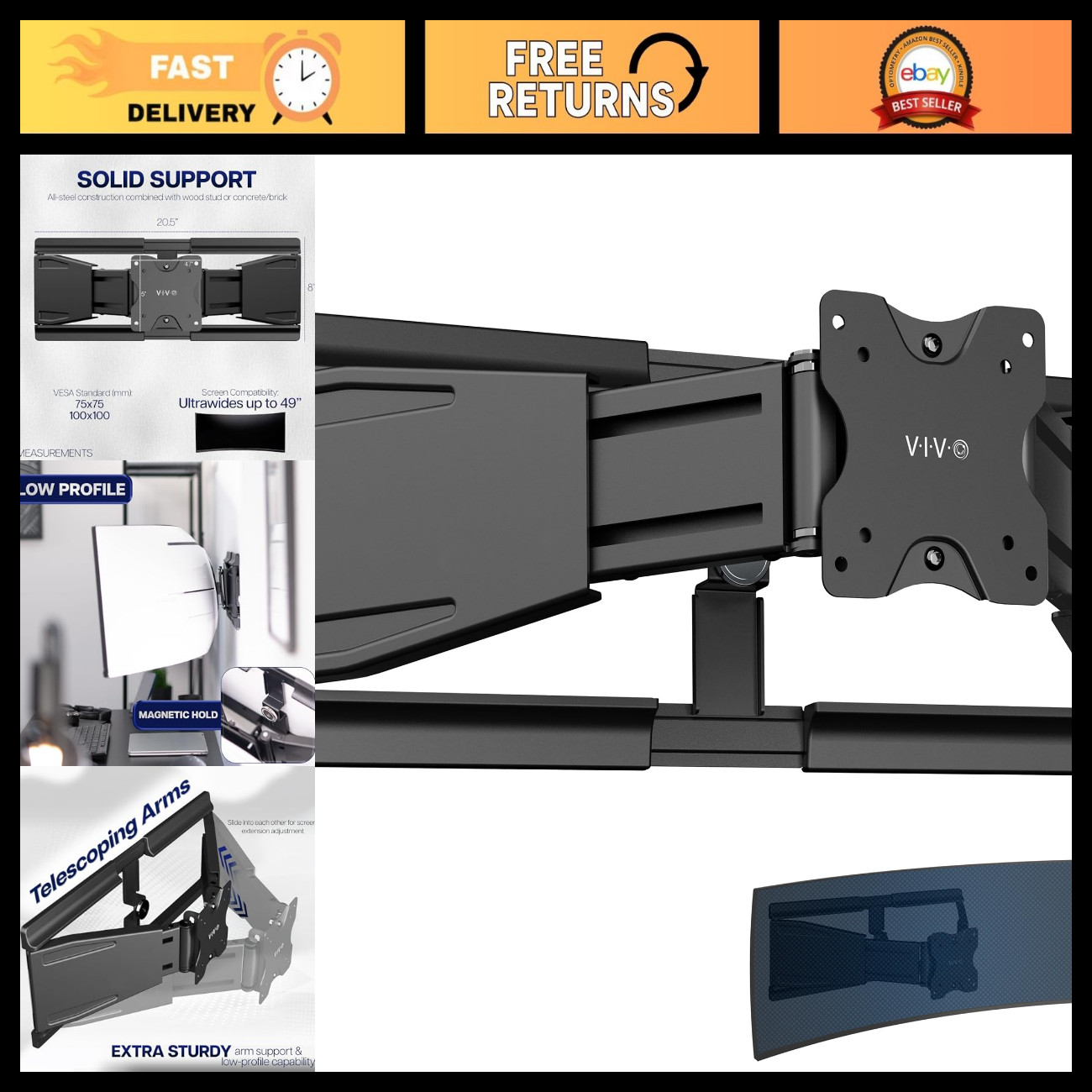 Ultrawide Telescoping Wall Mount for 49" Screens - Adjustable TV Bracket, Black