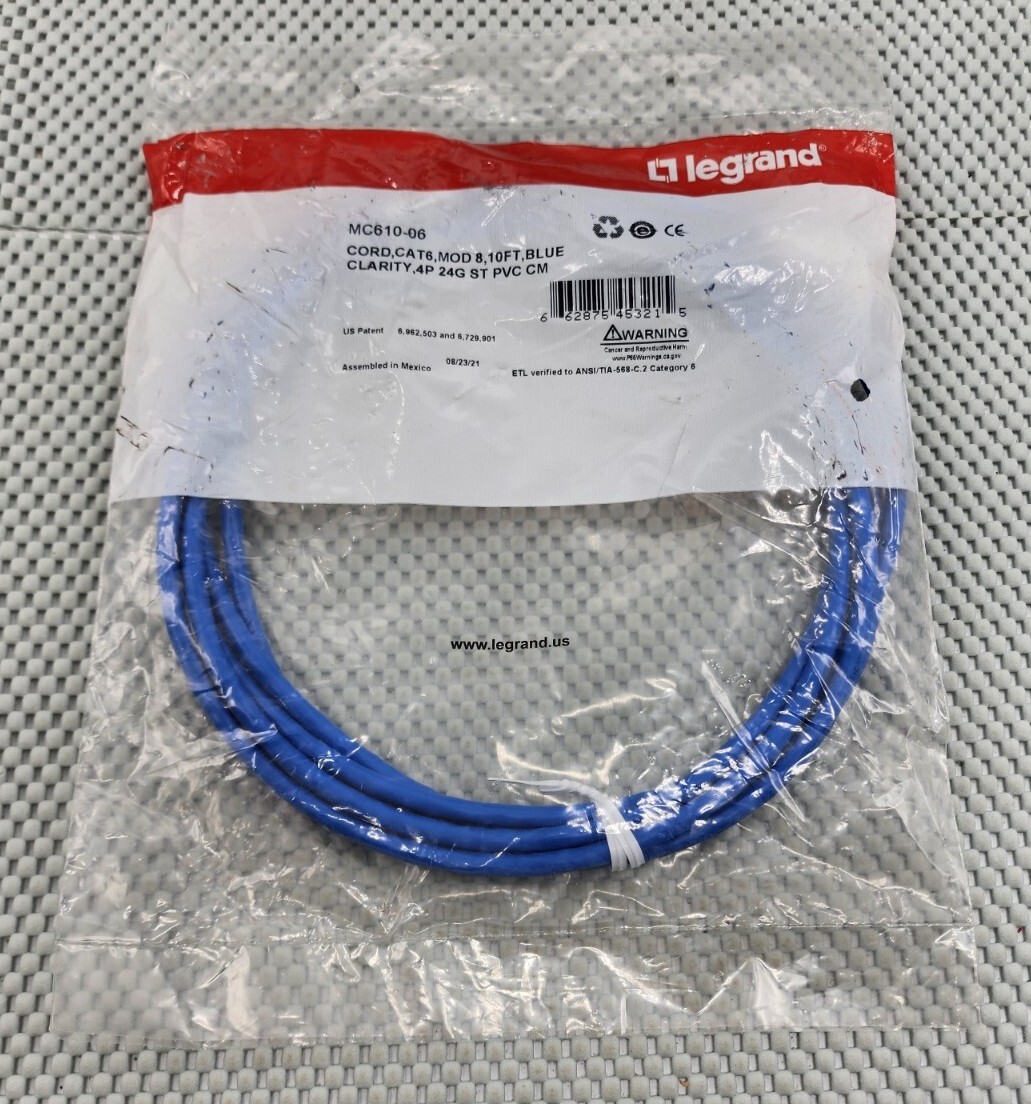 LEGRAND Patch Cord Cat6 MOD 8 10ft Blue Clarity 4P 24G ST PVC CM MC610-06