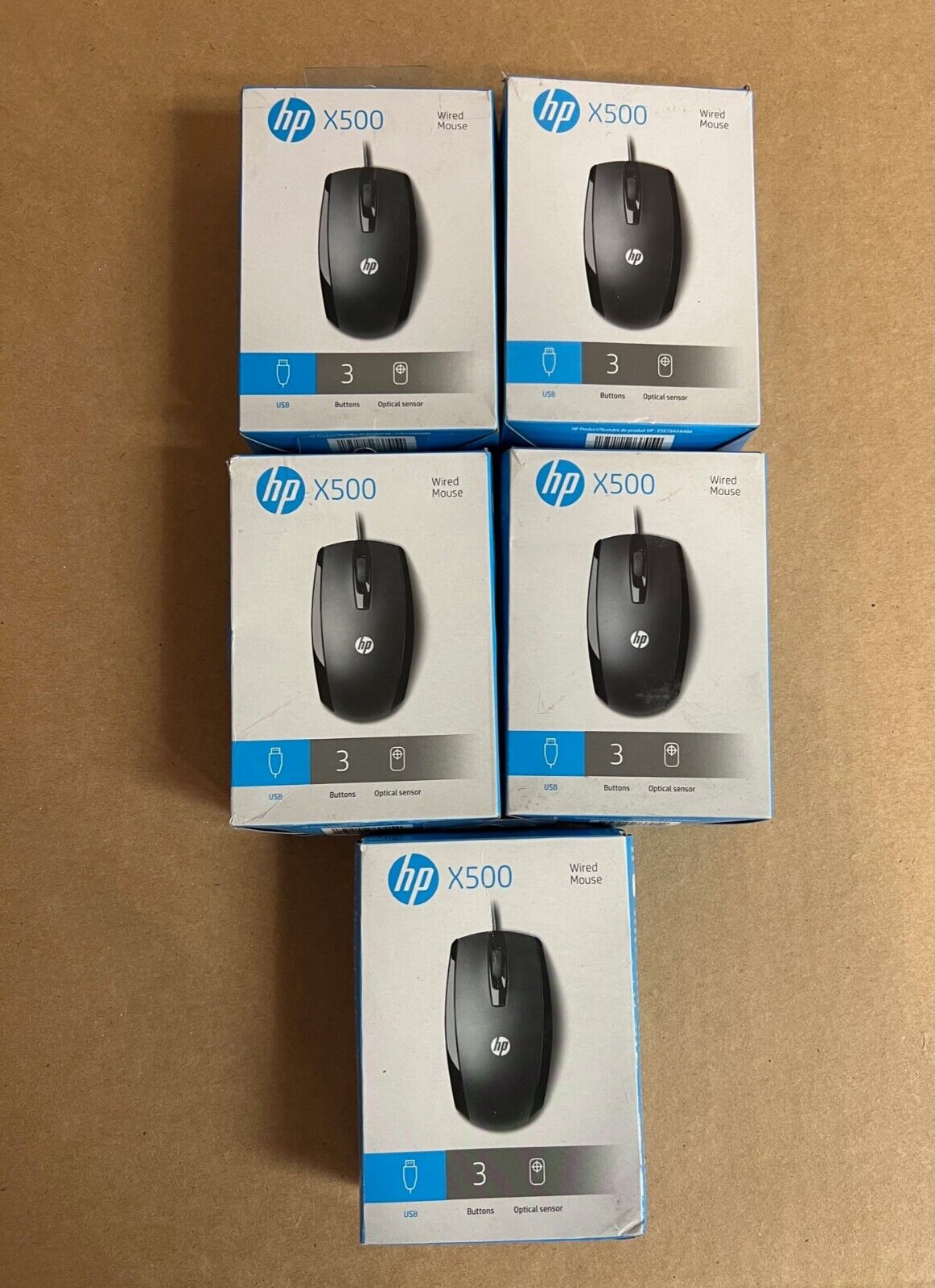 5 NEW Factory Sealed HP X500 Black USB 3-Button Optical Wired Mouse E5E76AA#ABA