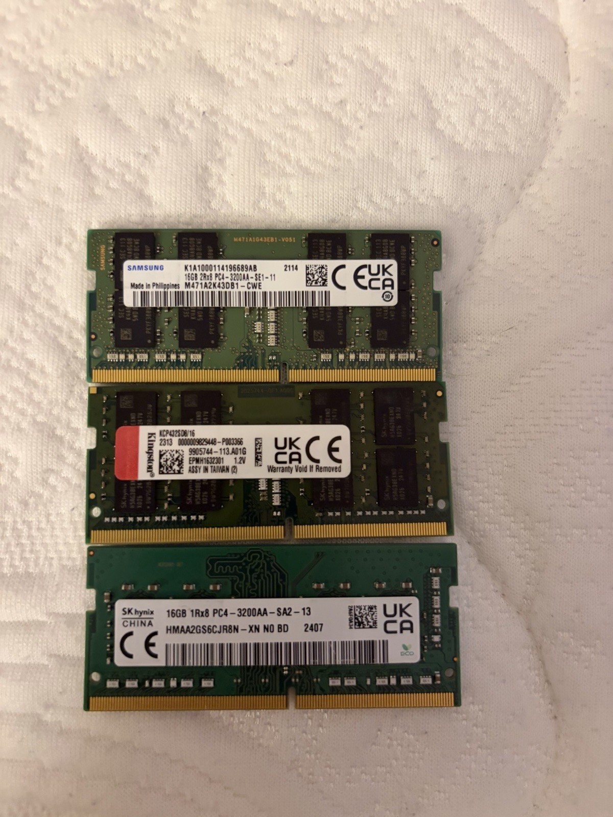 Assorted 48GB DDR4 Laptop RAM Lot SO-DIMM 3200MHz 3x 16GB Kingston Samsung Hynix