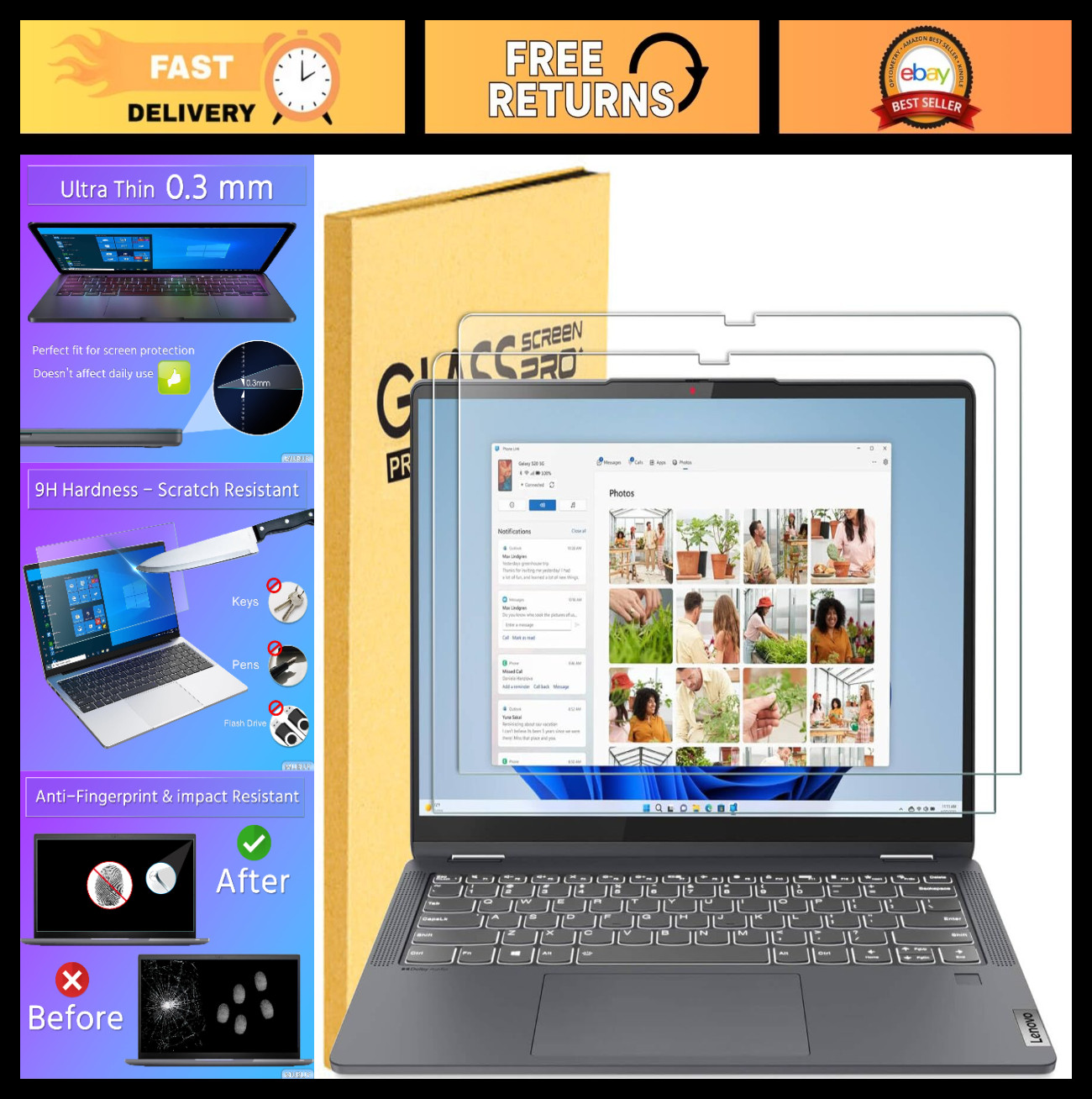 2 Pack 9H Scratch Resistant Tempered Glass Screen Protector for 14" Touchscreen