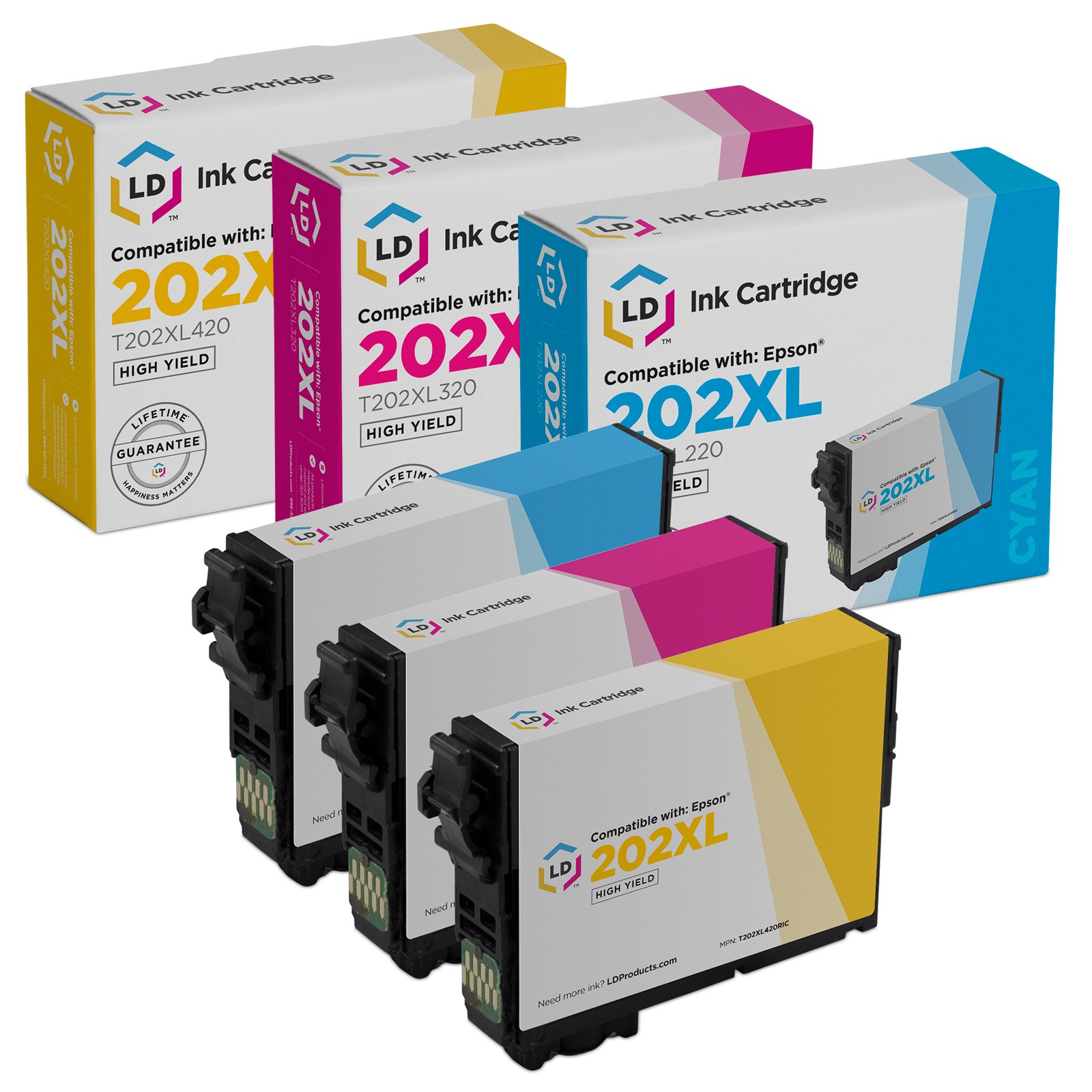 LD Replacement Epson 202XL High Yield Ink: Cyan, Magenta, Yellow 3-Pack