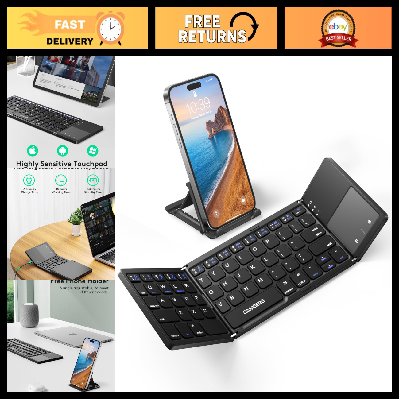 Foldable Bluetooth Keyboard with Touchpad, Ultra Slim Compact Design, Black