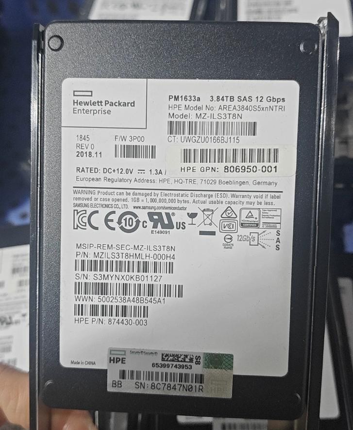 Samsung PM1633a 3.84TB HPE SSD 2.5" SAS 12Gbps MZILS3T8HMLH-000H4 95%+ Health