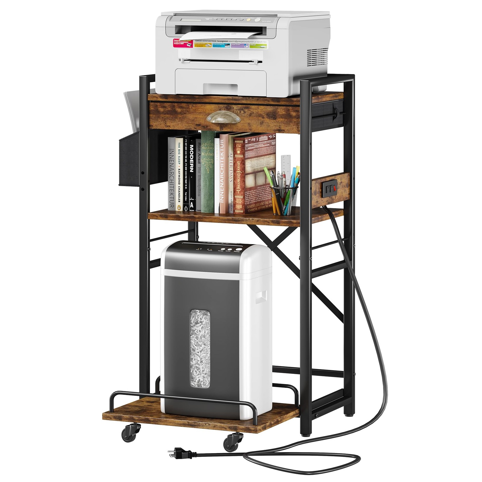 3-Tier Printer Stand with Storage Drawer,Large Tall Printer Table with Power ...