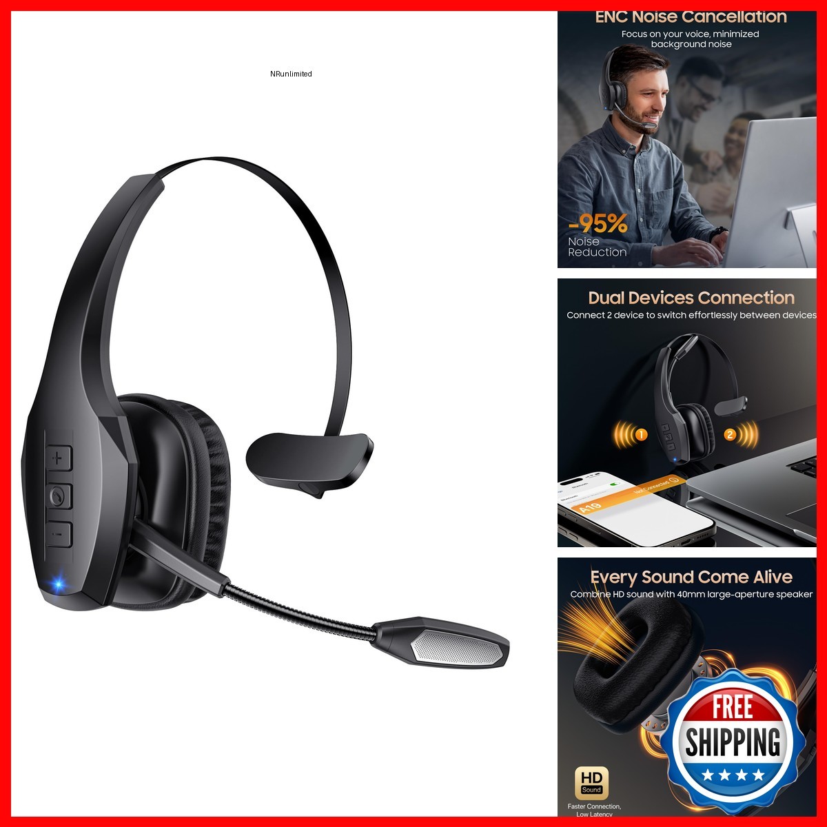 Necode A19 Trucker Bluetooth Headset Dual Noise Cancelling Mic Mute Button 55Hrs