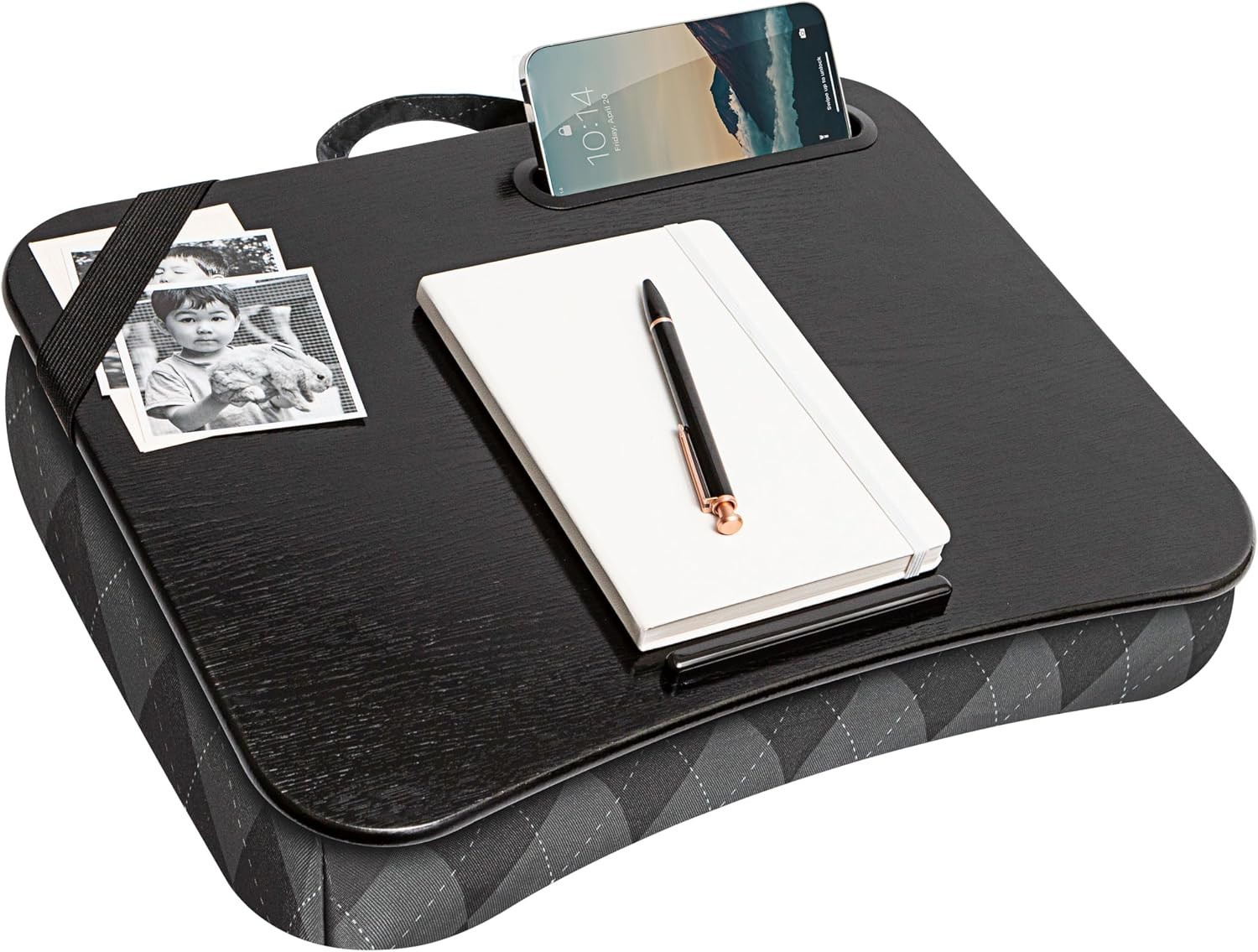 Multifunctional Gray Argyle Lap Desk with Carry Handle - Ideal for Work & Play