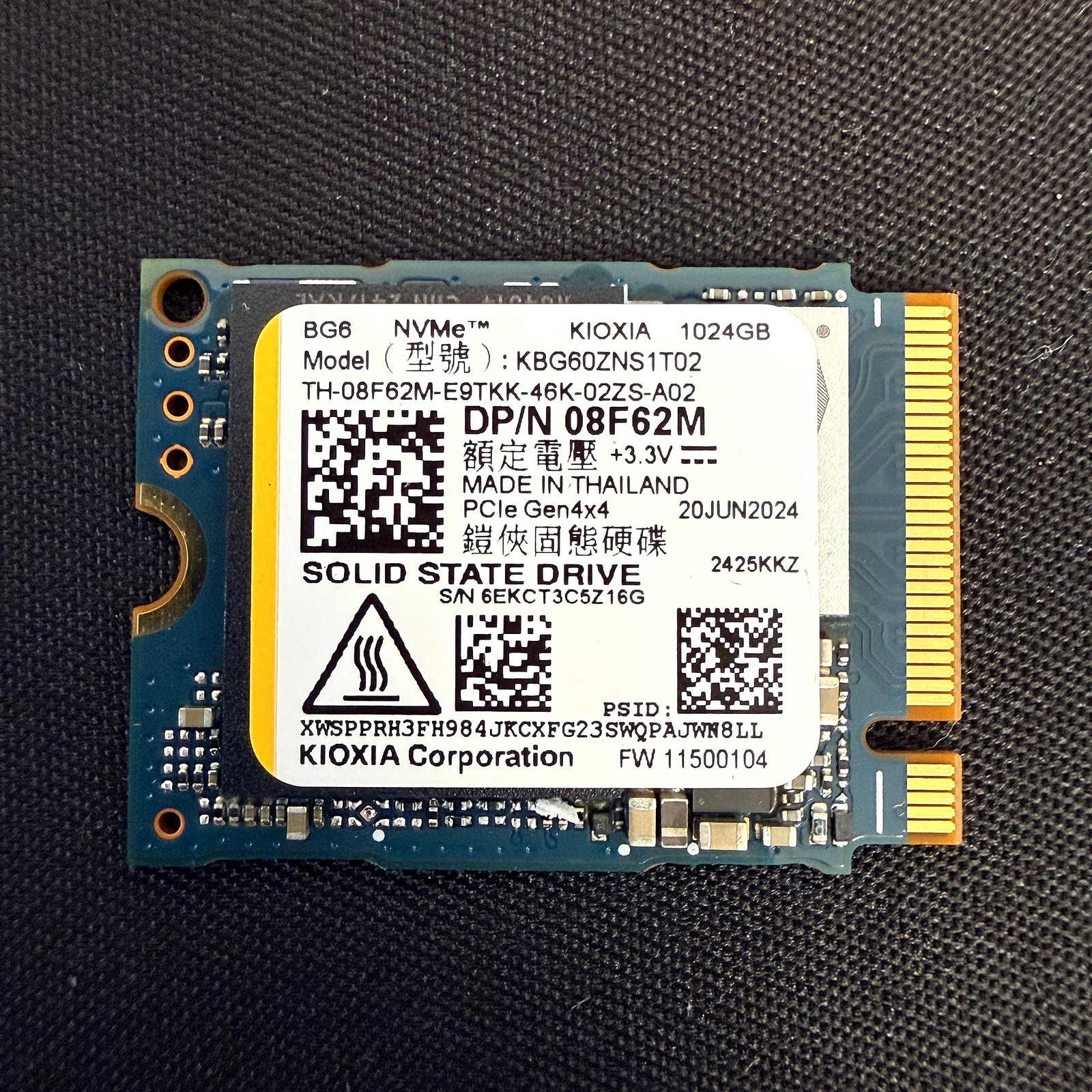 Kioxia BG6 1TB NVMe M.2 2230 PCIe Gen4 x4 SSD KBG60ZNS1T02 Dell 08F62M