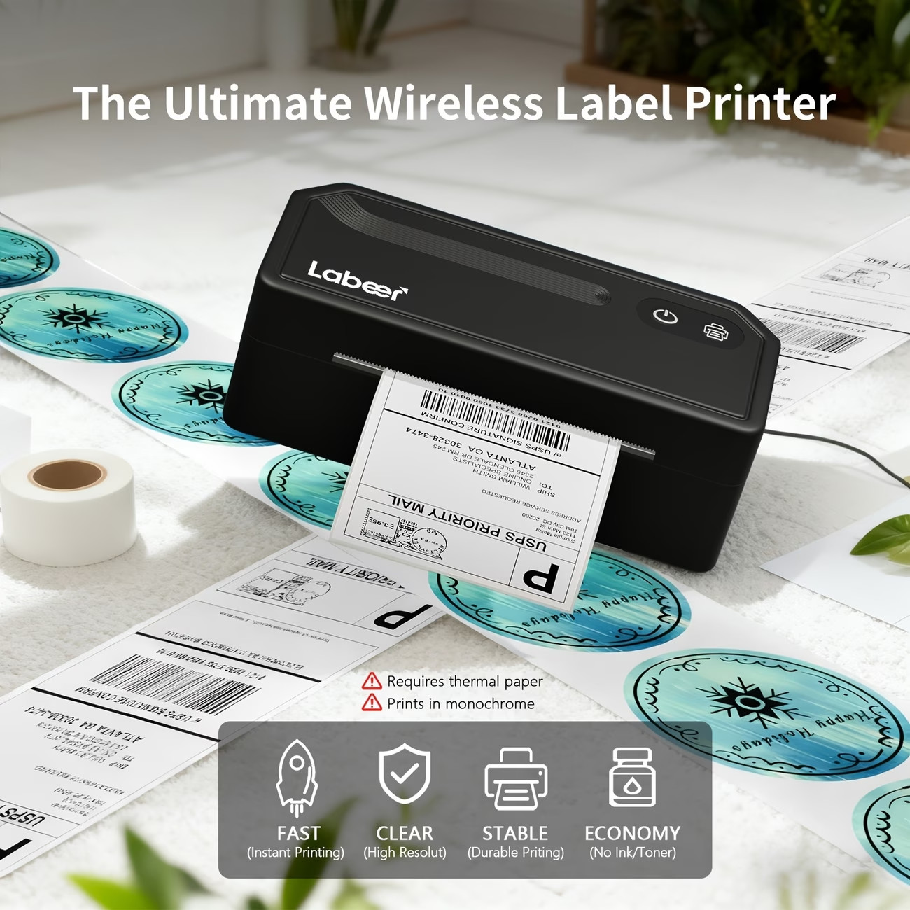 Wireless Shipping Label Printer 4x6 Thermal Bluetooth USB for iPhone Android Mac
