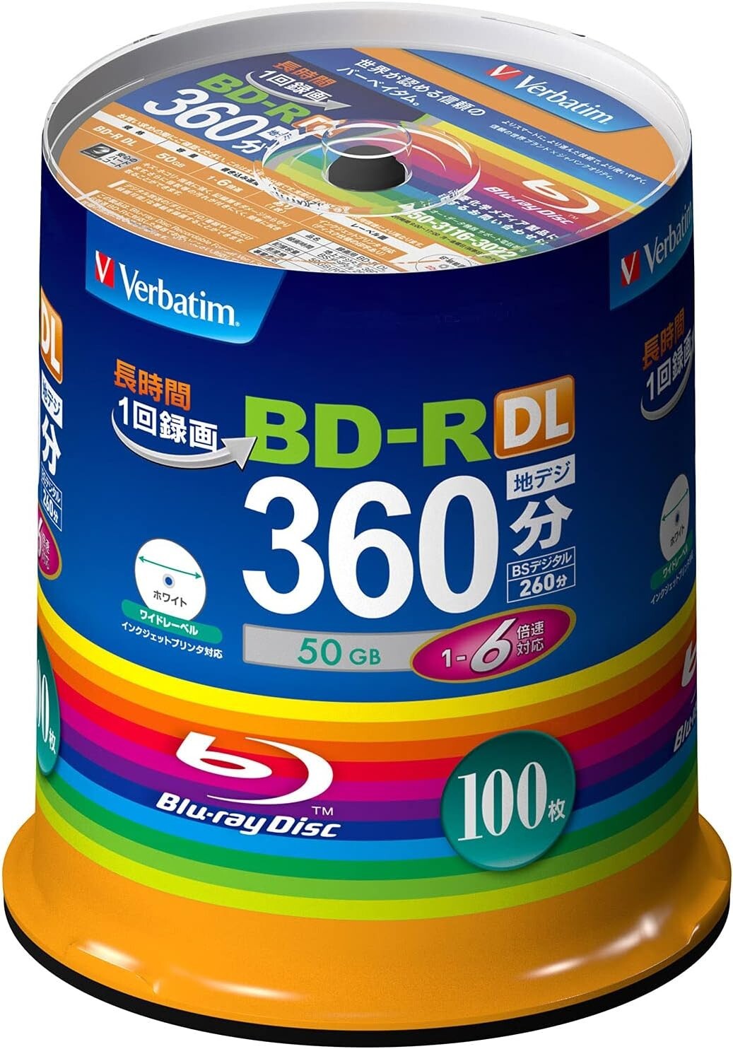 Verbatim Blank Blu-ray BD-R DL 50GB 1-6x 100 discs VBR260RP100SV1 Inkjet Printab