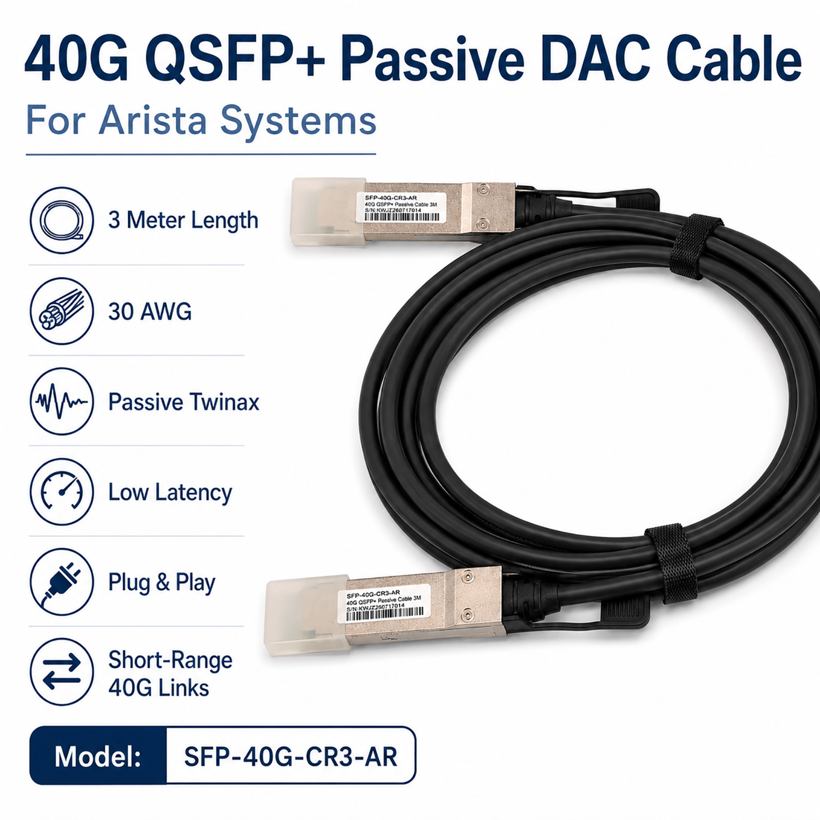 3M 40G QSFP+ DAC Cable For Arista CAB-Q-Q-3M Passive Twinax