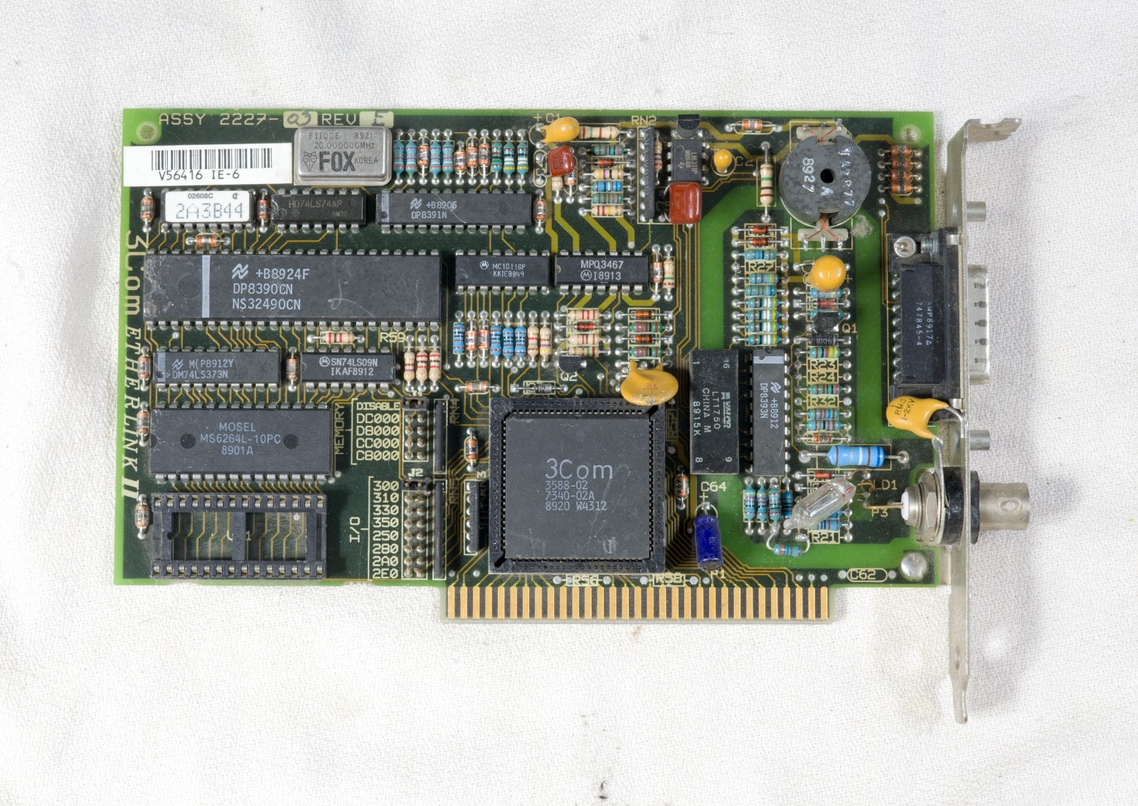 Vintage 3Com Etherlink II 2227-03 10Base2 AUI ethernet card 8 bit ISA ISAP18