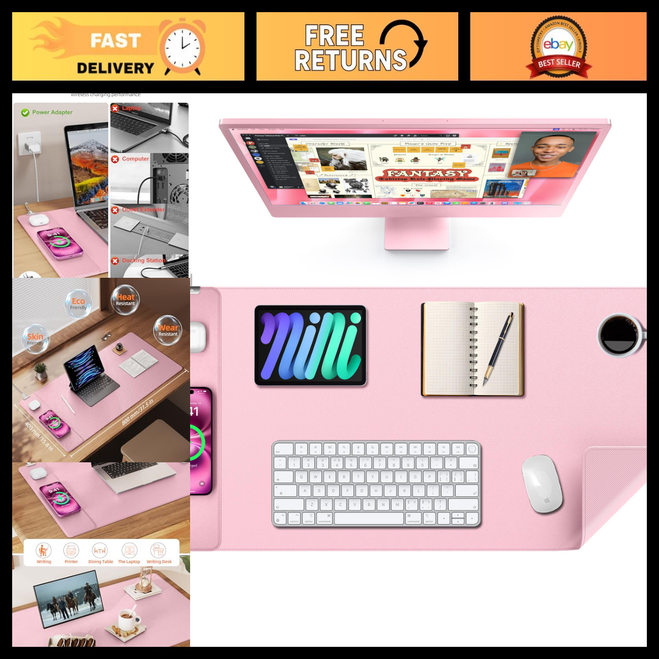 XXL Large Pink Leather Mouse Pad with 15W Wireless Charging - Desk Mat Accessory