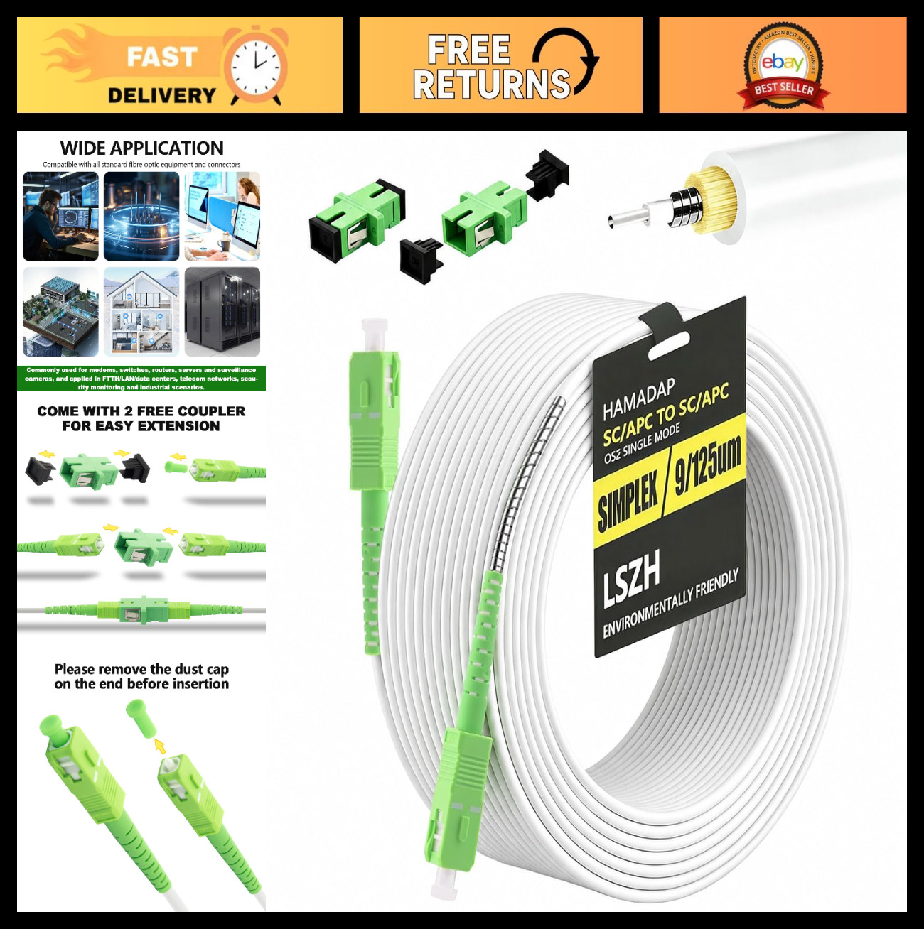 100FT SC/APC to SC/APC Fiber Optic Cable, High-Speed Internet Connection, Durabl