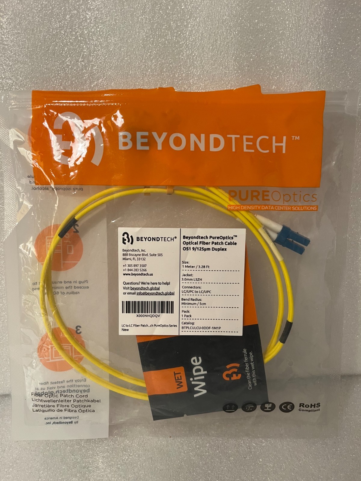 Beyondtech Pureoptics Optical Fiber Patch Cable OS1 9/125um Duplex 1M / 3.28 Ft