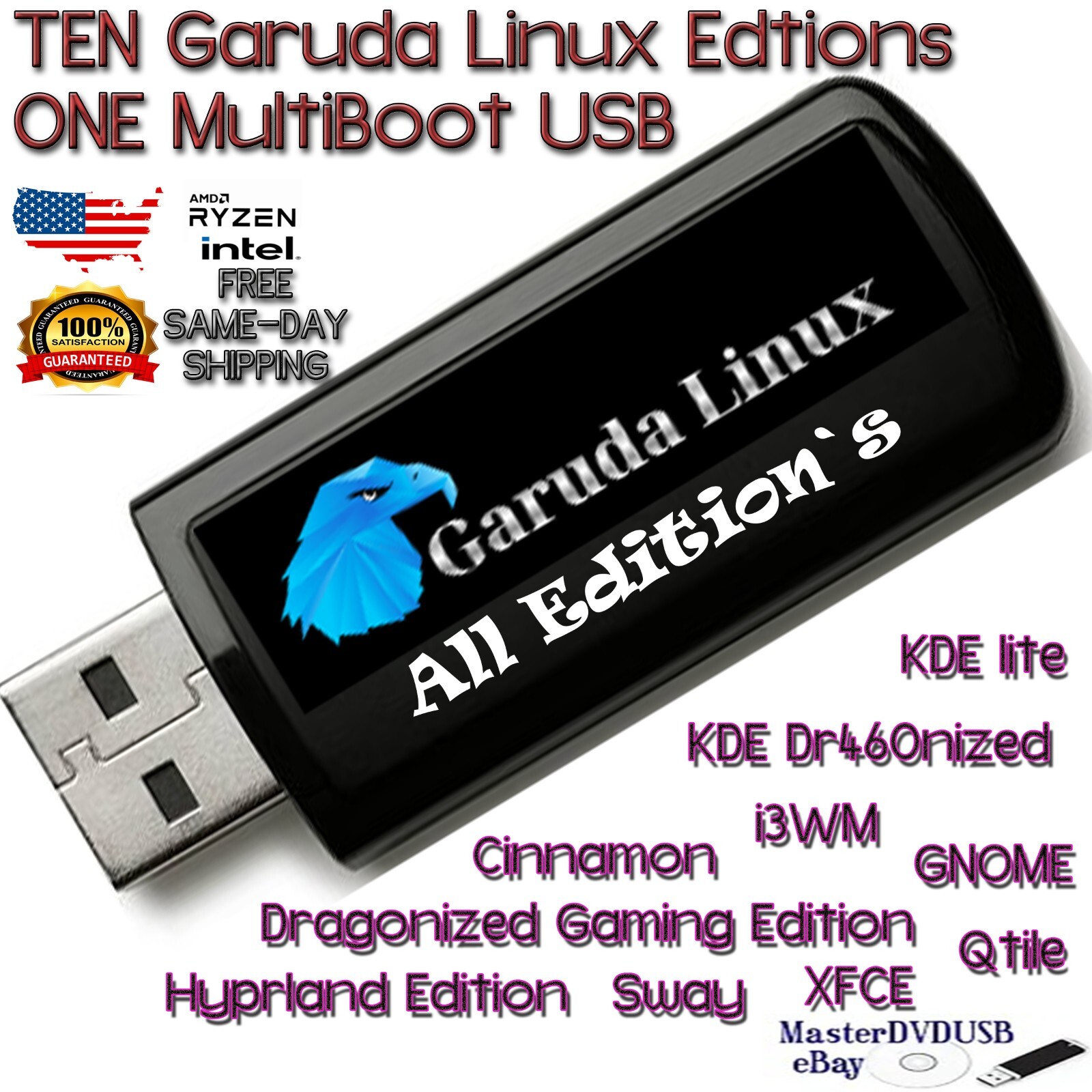 Garuda Linux 10-in-1 All Editions Multi-boot USB 32GB Fast Shipping US Seller