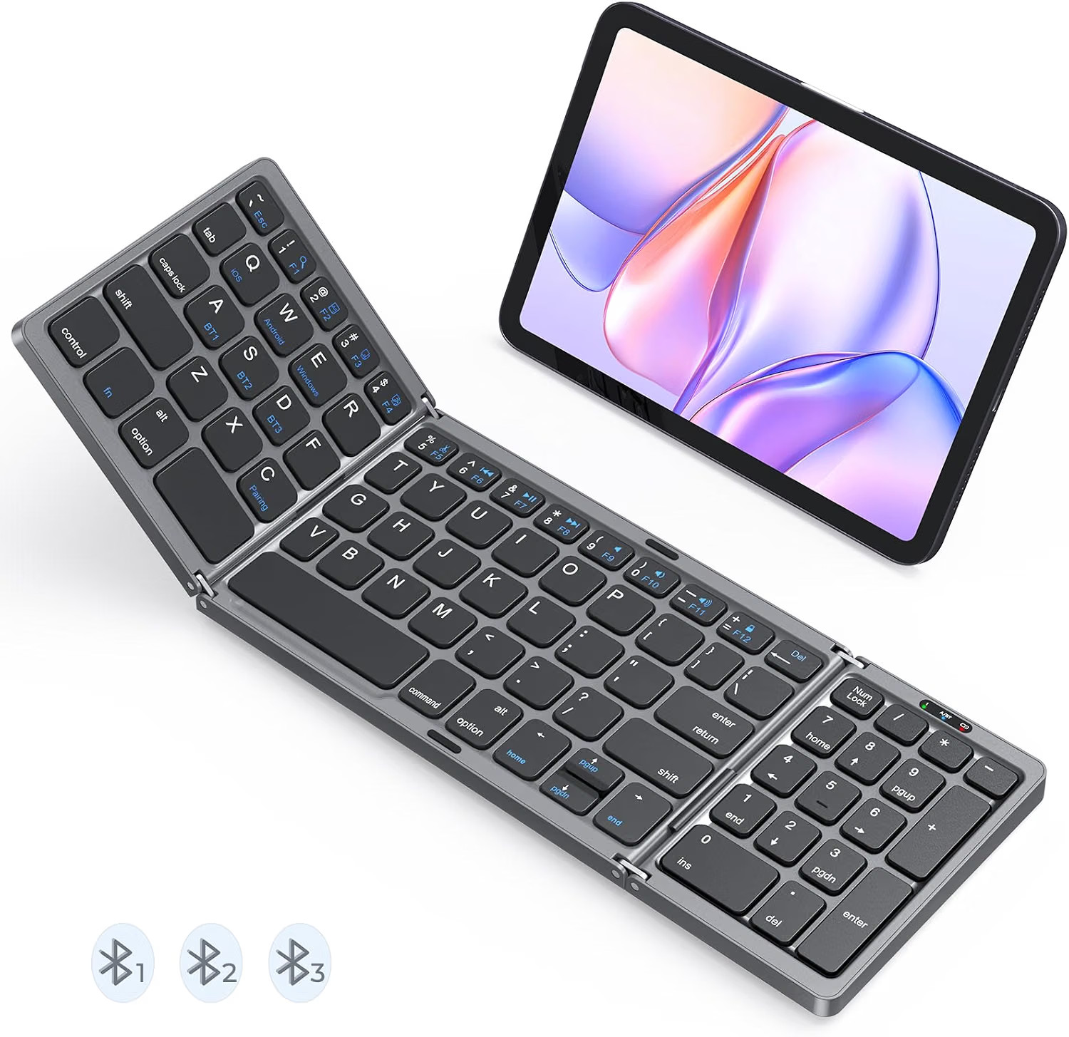 Foldable Bluetooth Keyboard with Numeric Keypad, Portable Wireless, Black Gray