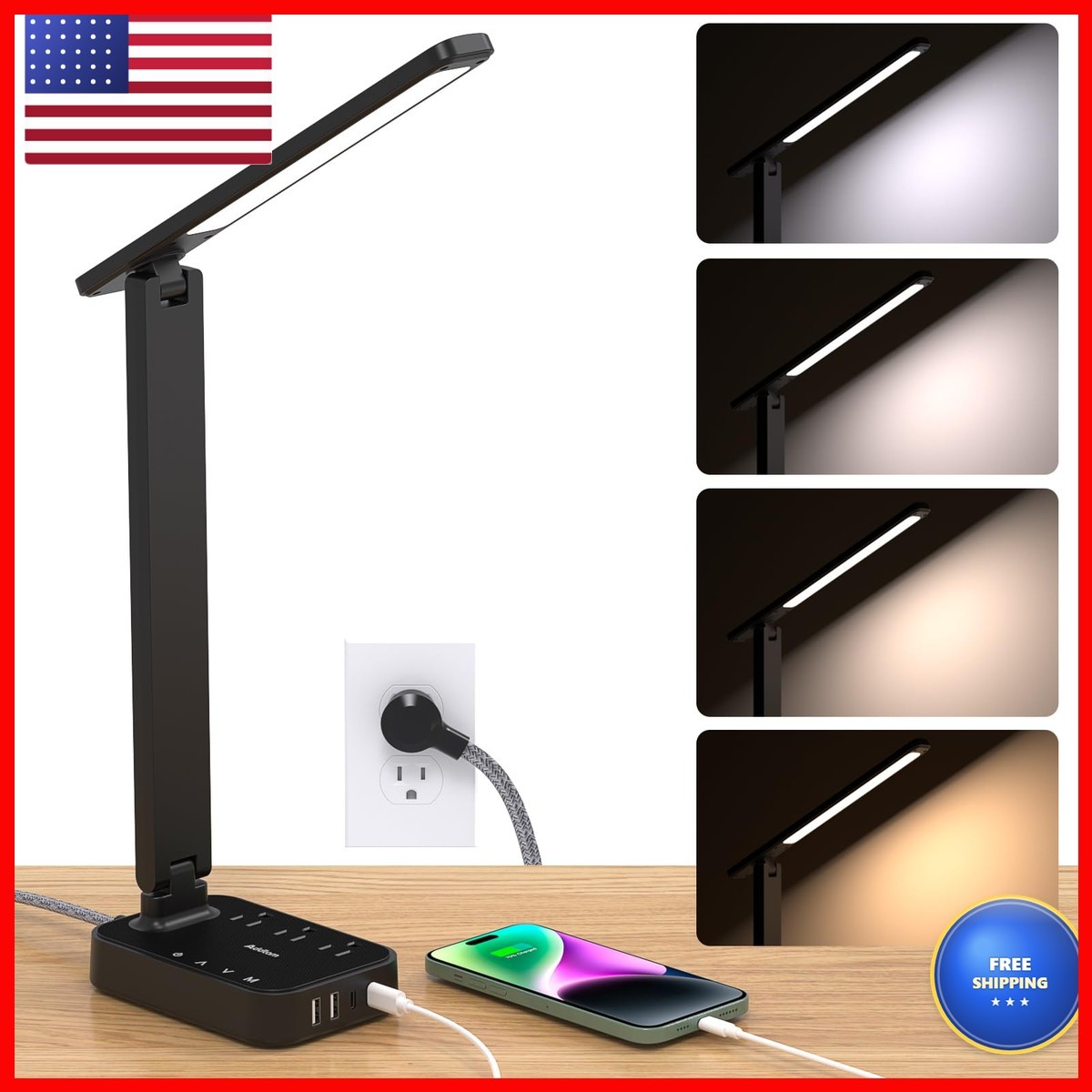 Addtam LED Desk Lamp Power Strip 3 Outlets 4 USB 2 USBC 4 Modes 5 Brightness