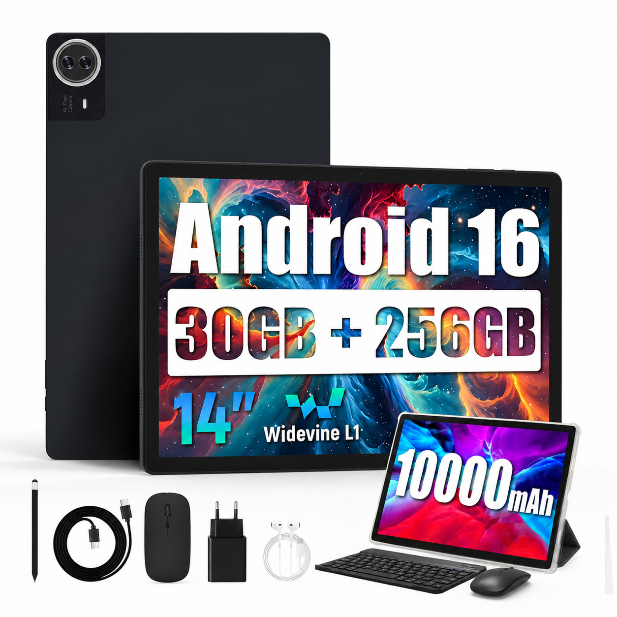 2026 14 inch TouchScreen Tablet Android 16 30GB RAM 256GB ROM 10000mAh WiFi 6