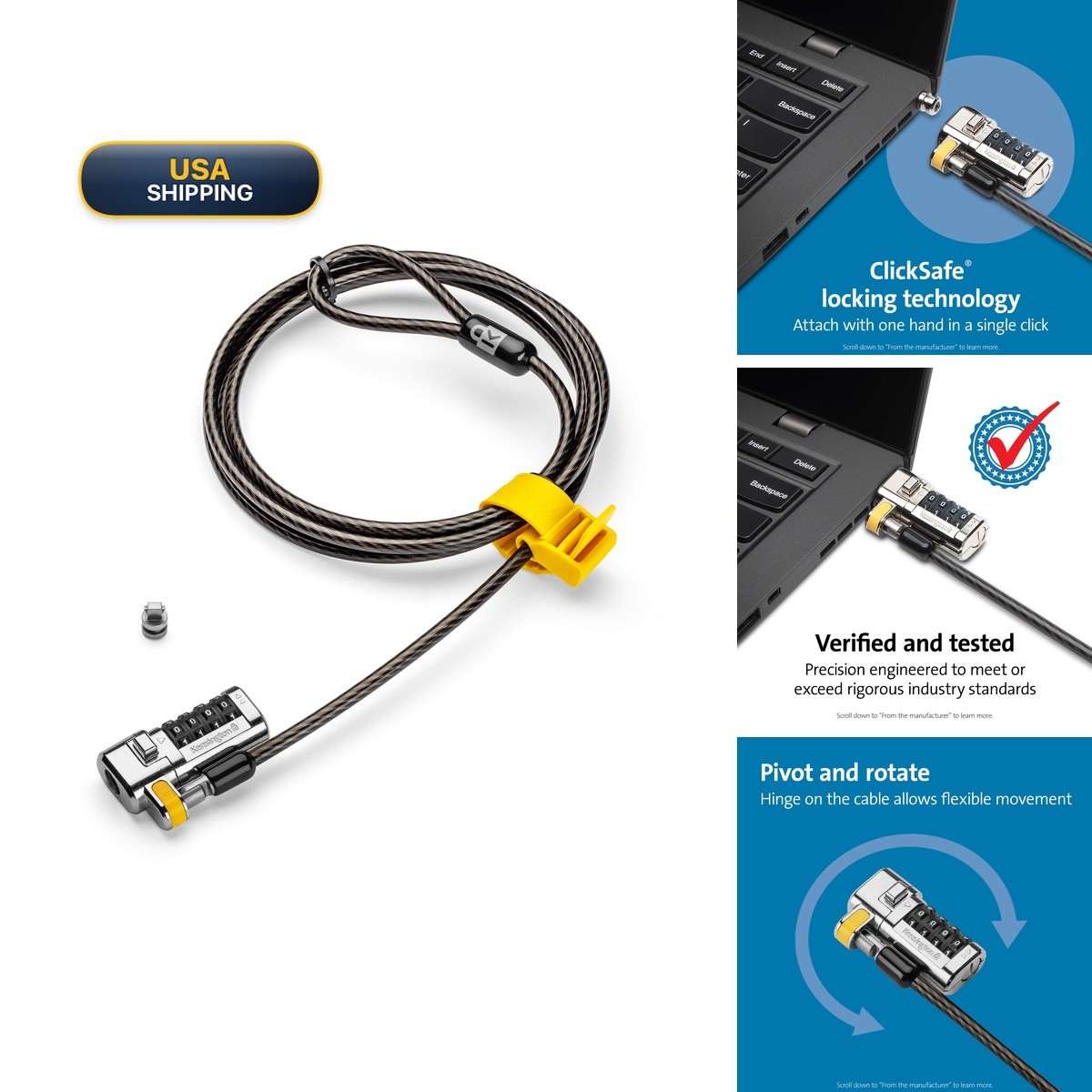 Kensington ClickSafe Combination Laptop Lock Wedge-Shaped Slot K67936WW Black