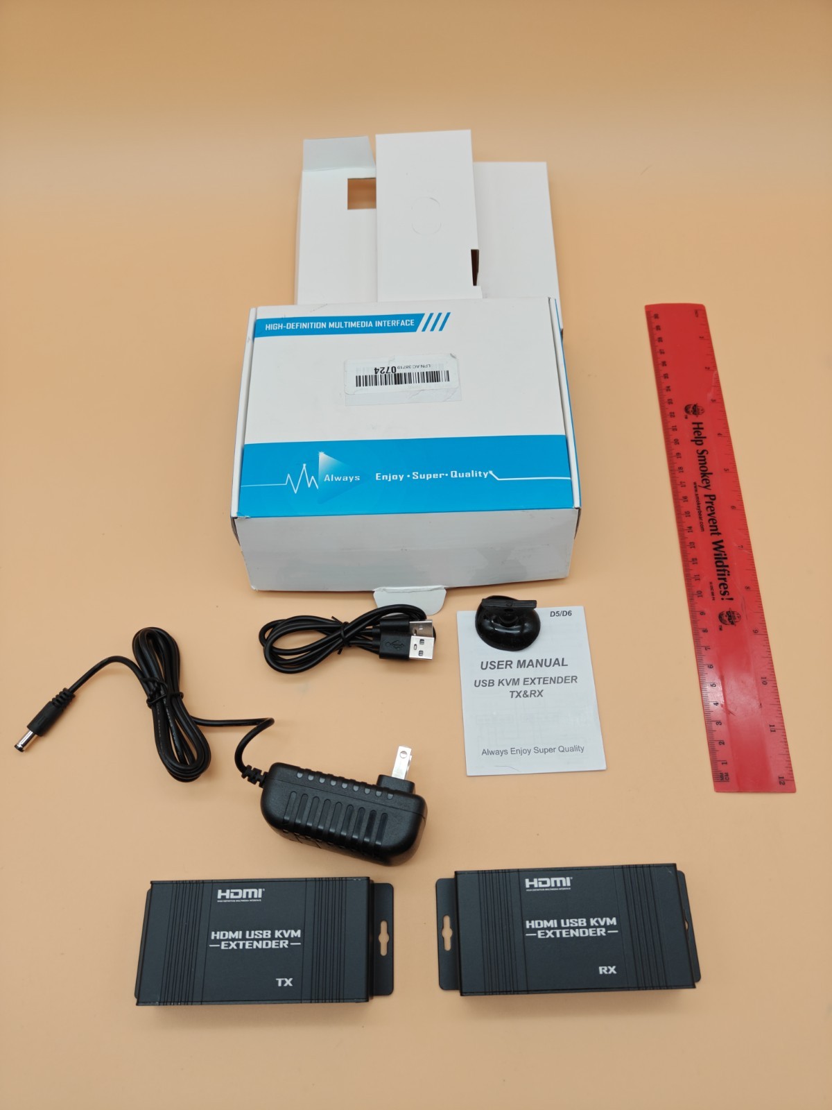 Open Box HDMI USB KVM Extender TX RX Over CAT5e/CAT6 Kit w/ Power Supply
