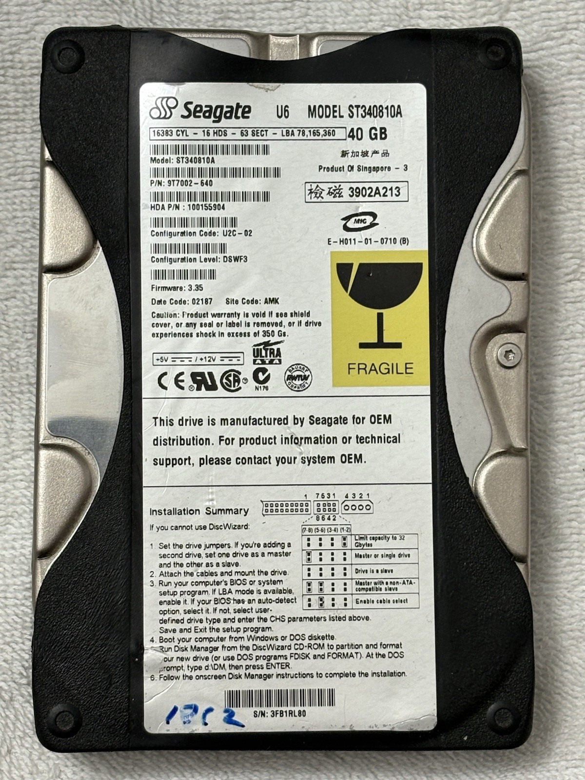 Seagate U6 Series 40GB 3.5" IDE Hard Drive - ST340810A - VTG - TESTED