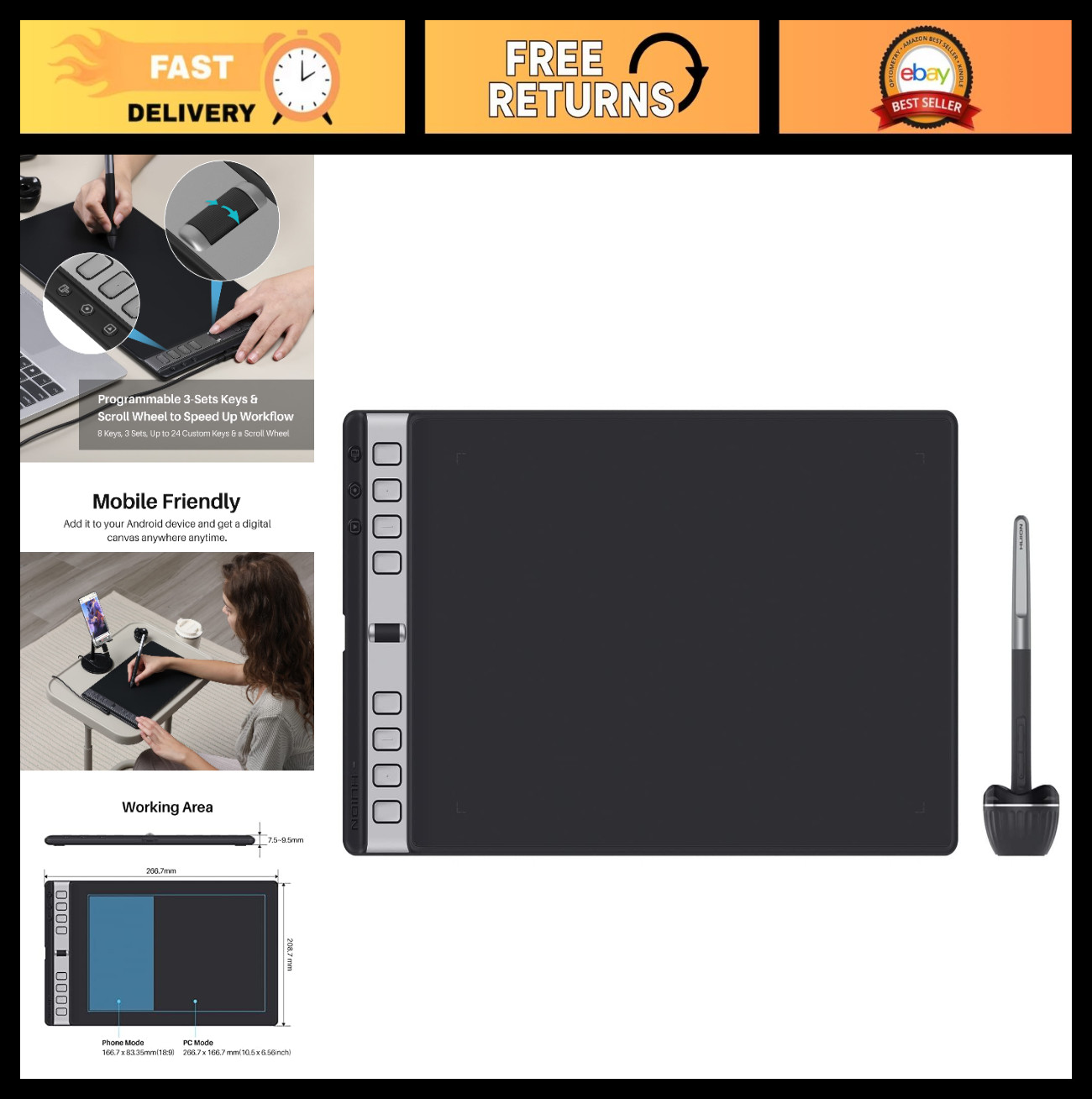 Large Drawing Tablet with 8 Custom Express Keys, Pressure Sensitivity, USB-C Con