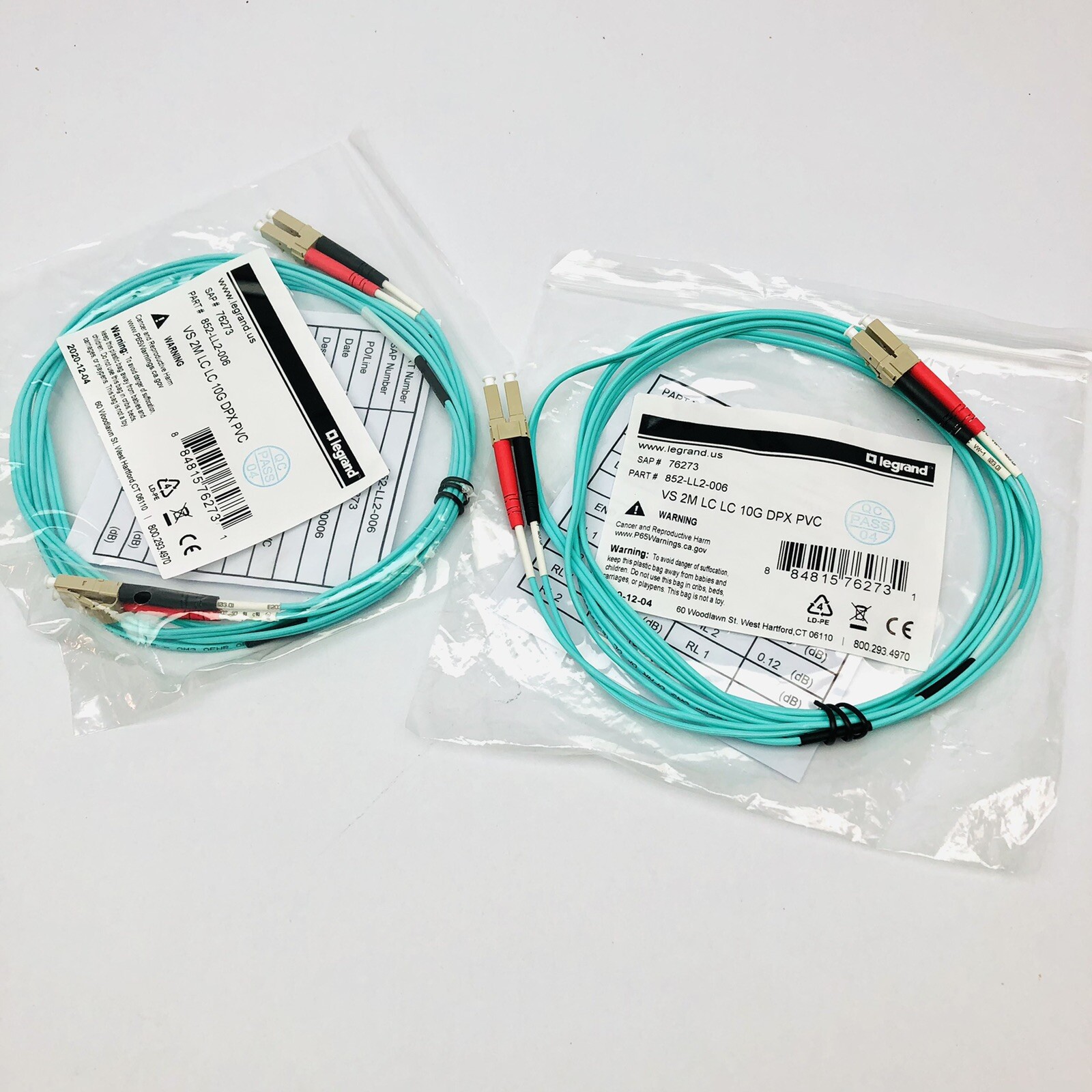 QTY 2  LEGRAND 852-LL2-006 VS 2M LC LC 10G DPX PVC FIBER OPTIC CABLE PAT CHCORD