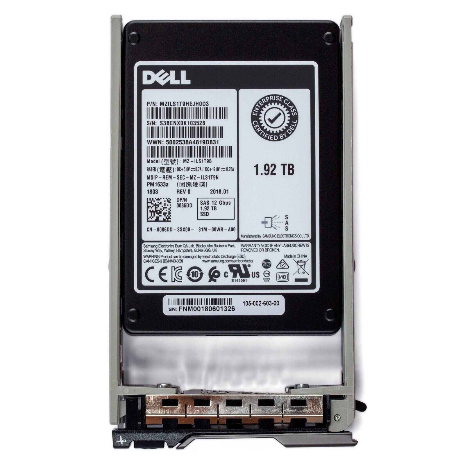 Dell 14G 1.92TB 2.5" Enterprise SAS 12Gbps Hotplug SSD Samsung PM1633a 086DD TLC