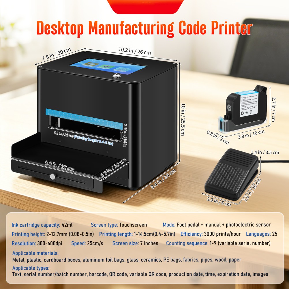 Desktop Static Printer Batch Code Coding Machine Inkjet Printer 7" Touch Screen