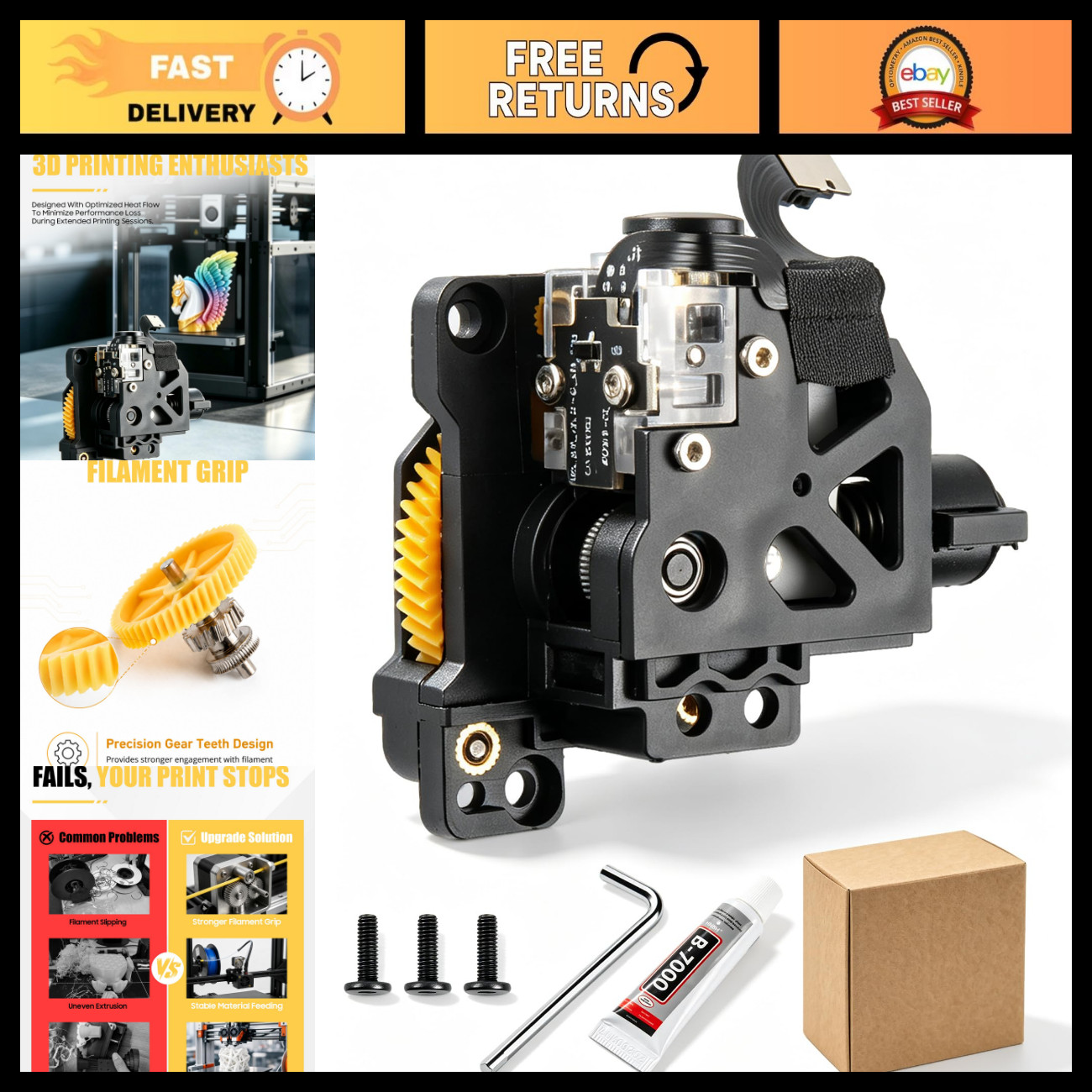 Hardened Steel Dual Gear Extruder for 3D Printer, Filament Detection, High Torqu