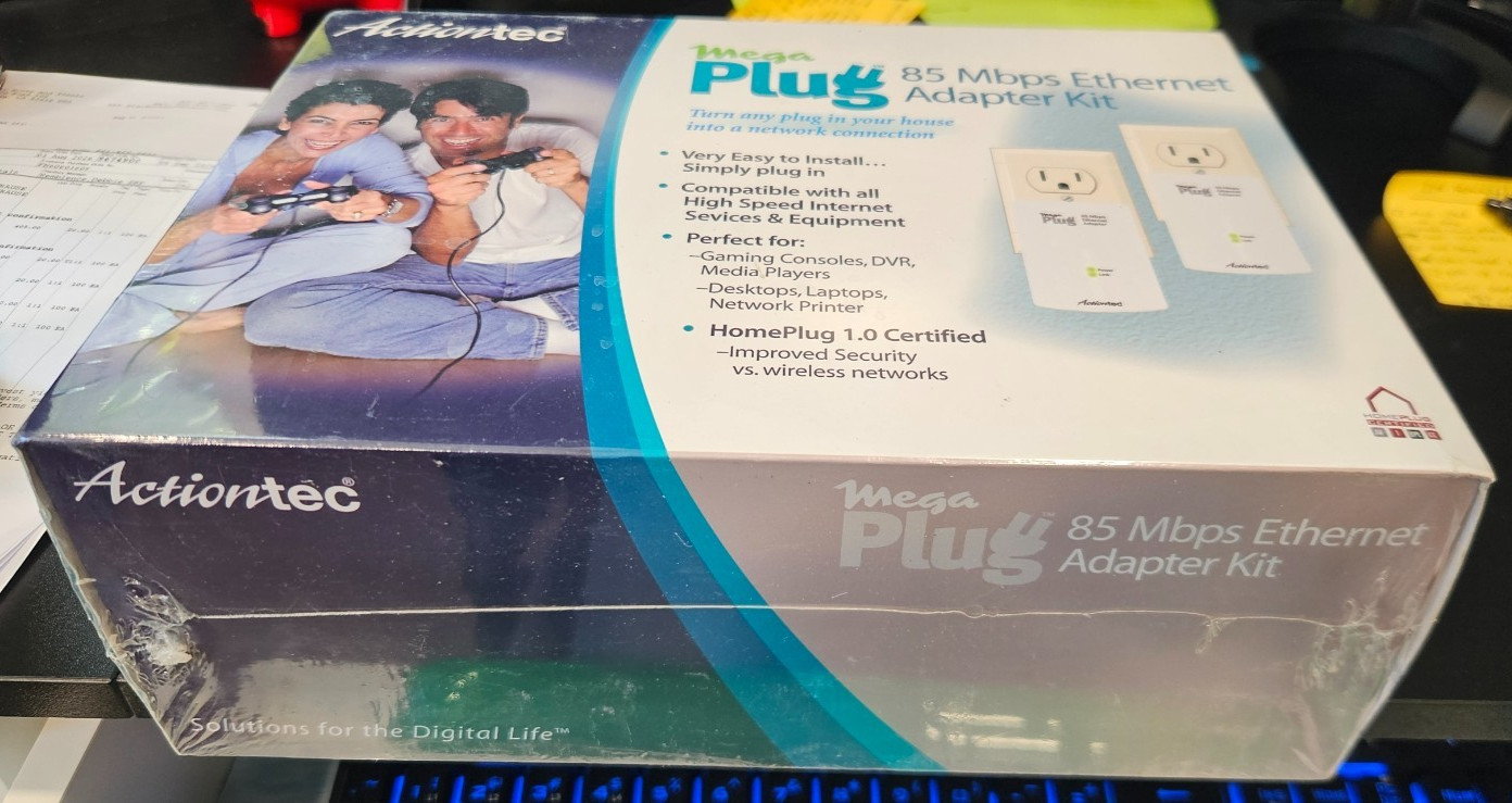 NEW Sealed Actiontec MegaPlug 85 Mbps Ethernet Adapter Kit HLE08500-01K