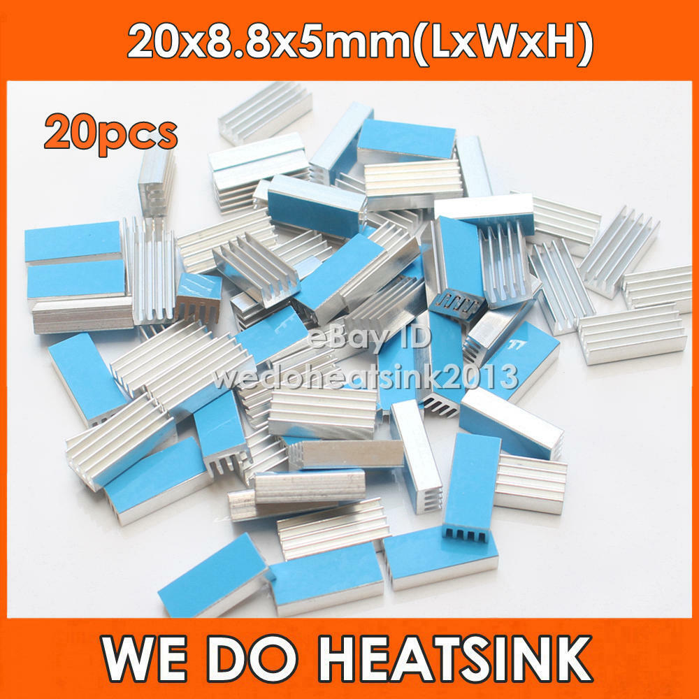 20pcs Extruded 20x8.8x5mm Aluminum Heatsink For Ram Chips With Thermal Stick Pad