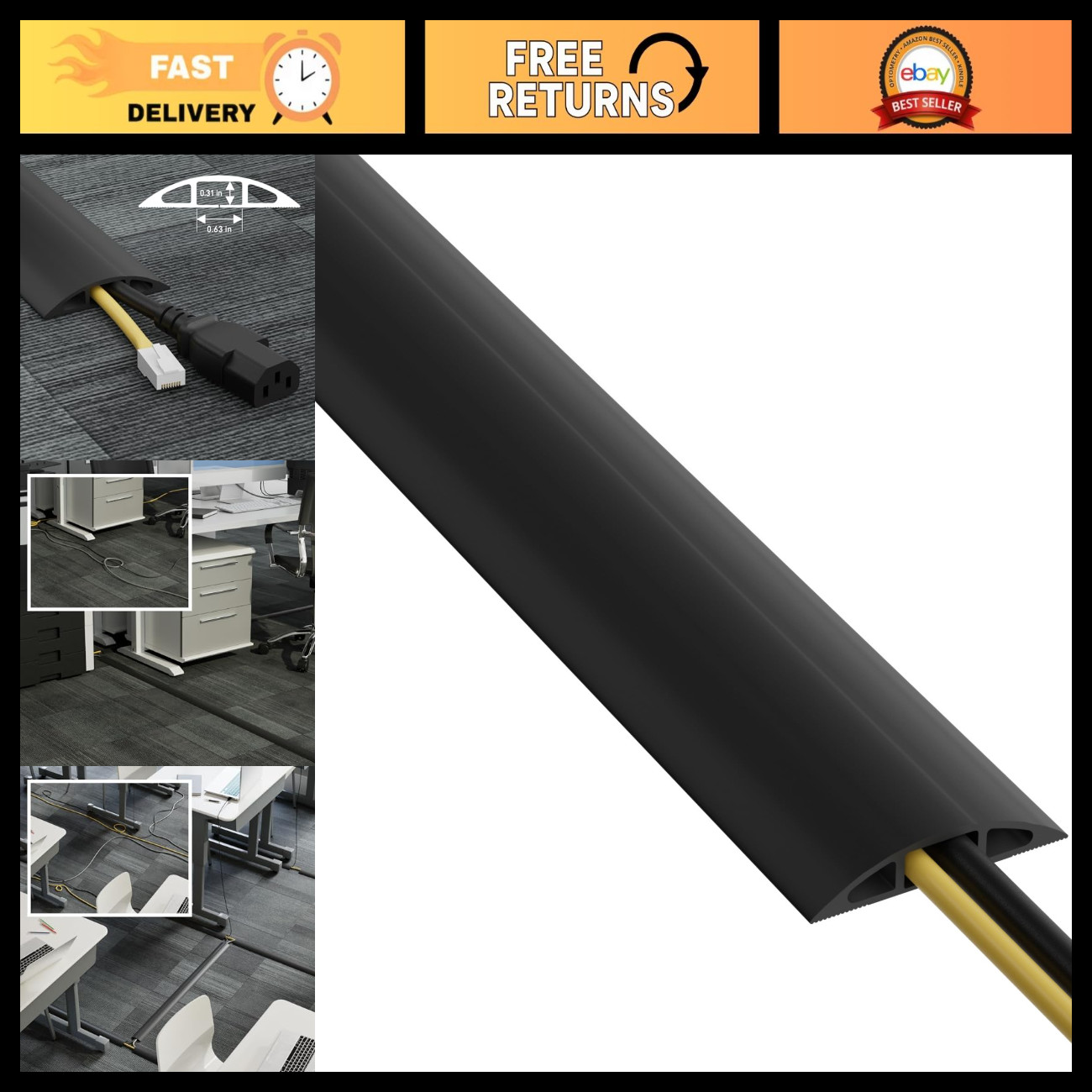 6ft Floor Cord Cover - Heavy Duty Cable Protector, Hide Extension Cords, Prevent