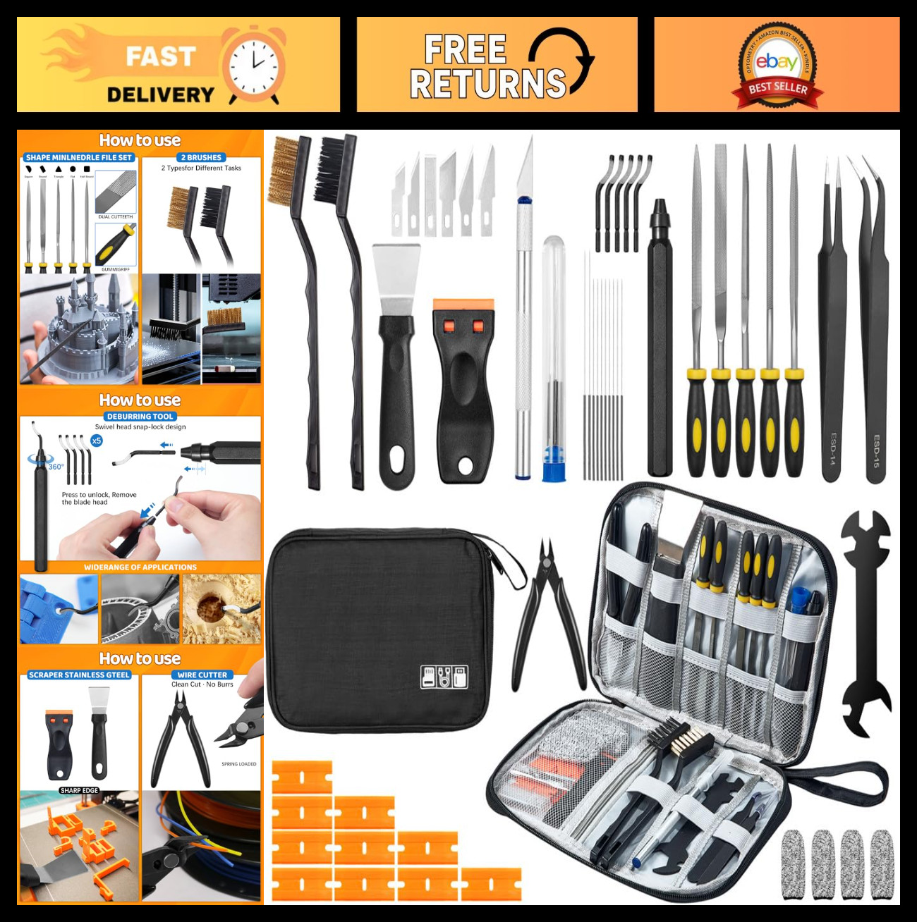50Pcs 3D Printer Tool Kit & Accessories for FDM/SLA - Nozzle Cleaner, Scraper, F
