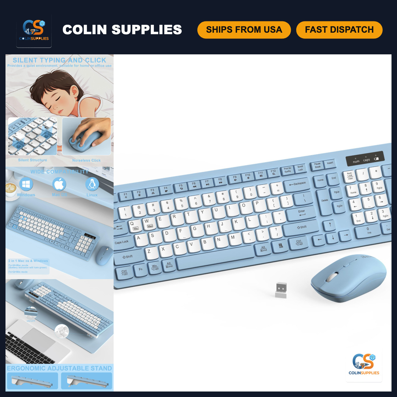 Silent Wireless Keyboard and Mouse Combo for Office & Home - Misty Blue Color
