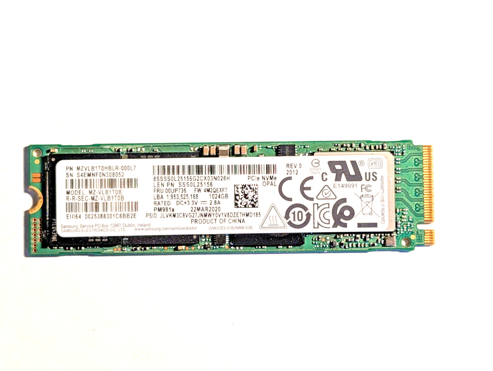 SAMSUNG PM981a 1TB NVMe M.2 2280 SSD MZ-VLB1T0B MZVLB1T0HBLR-000L7