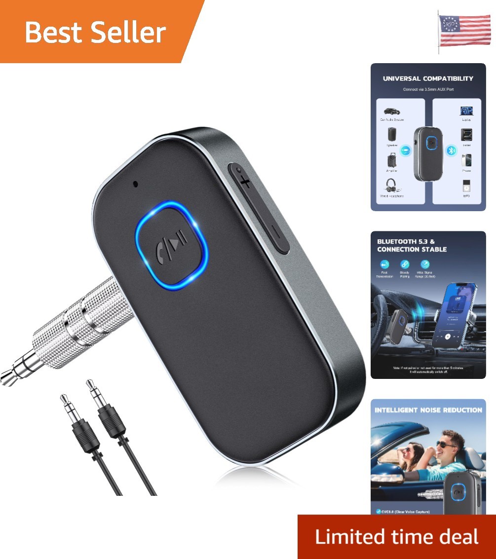 Compact Bluetooth Car Audio Adapter - 16 Hours Battery Life & Noise Canceling