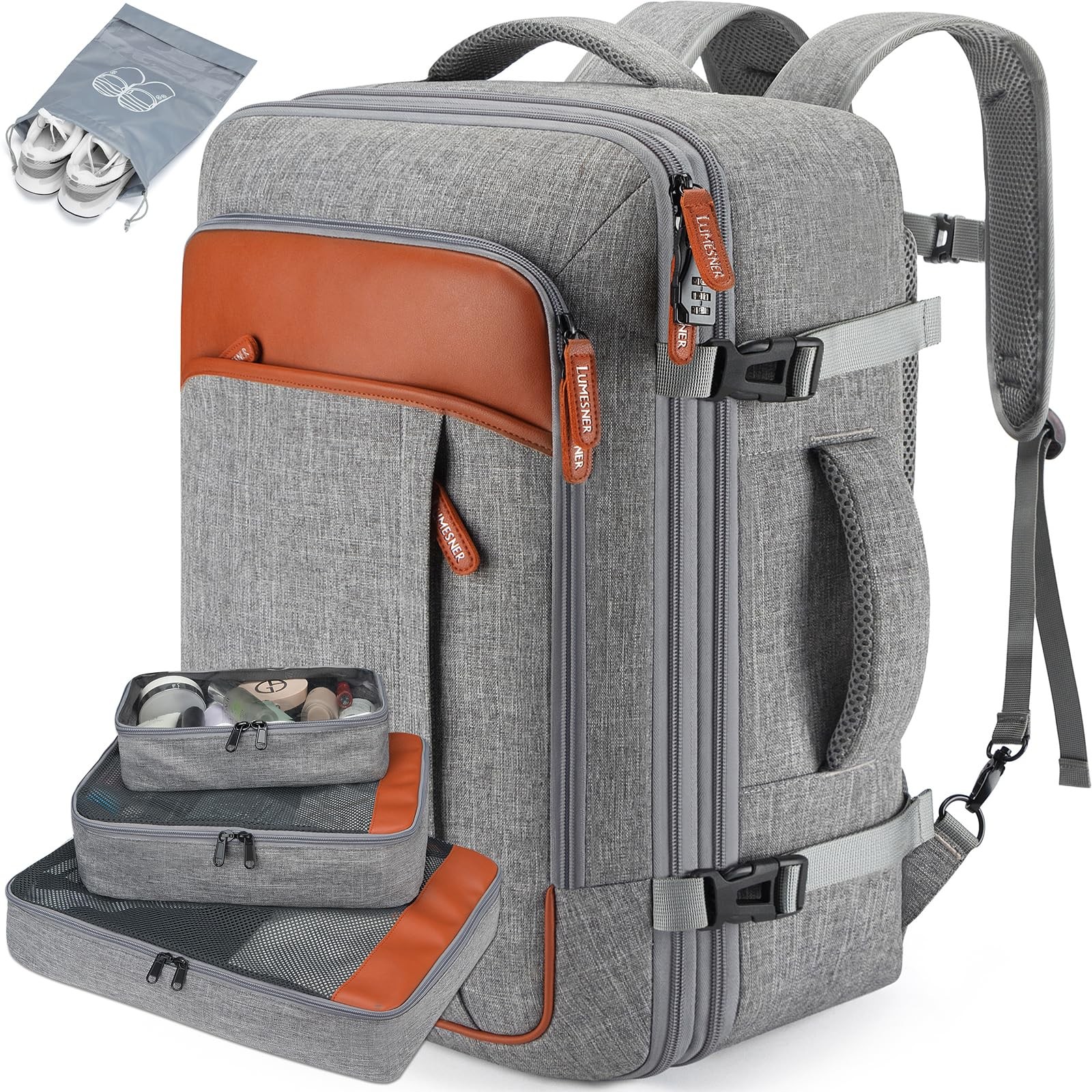 Lumesner 40L Expandable Carry On Travel Backpack with 4 20 inches, Grey