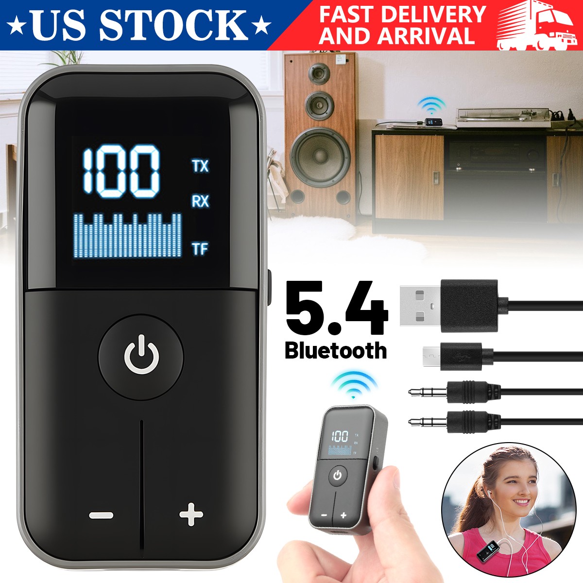 Wireless Bluetooth 5.4 Audio Adapter Receiver Transmitter MP3 Player 3.5mm Aux.