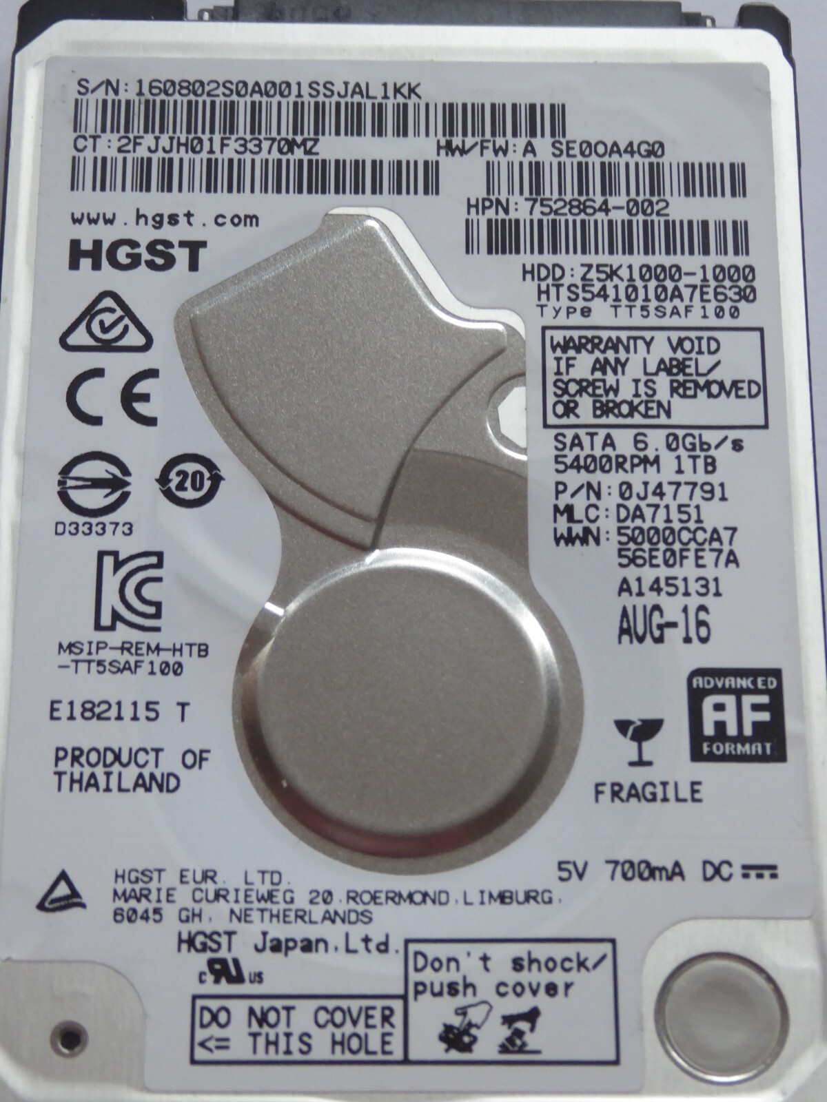 HGST HTS541010A7E630 MLC: DA7151 P/N: 0J47791 AUG-16 1TB